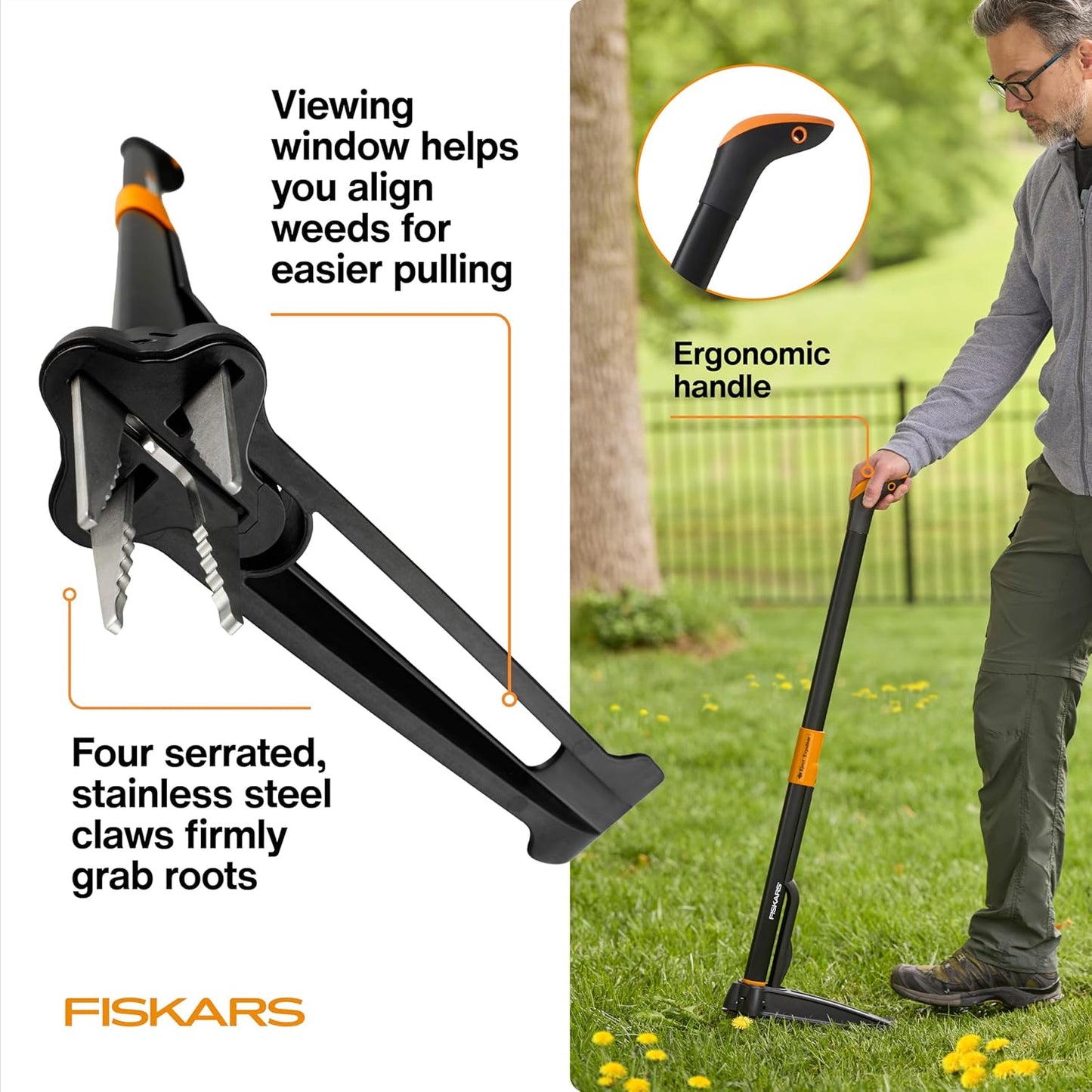 Fiskars 4-Claw Stand Up Weed Puller Tool, Gardening Hand Weeding Tool with 39" Long Ergonomic Handle with Easy-Eject Mechanism