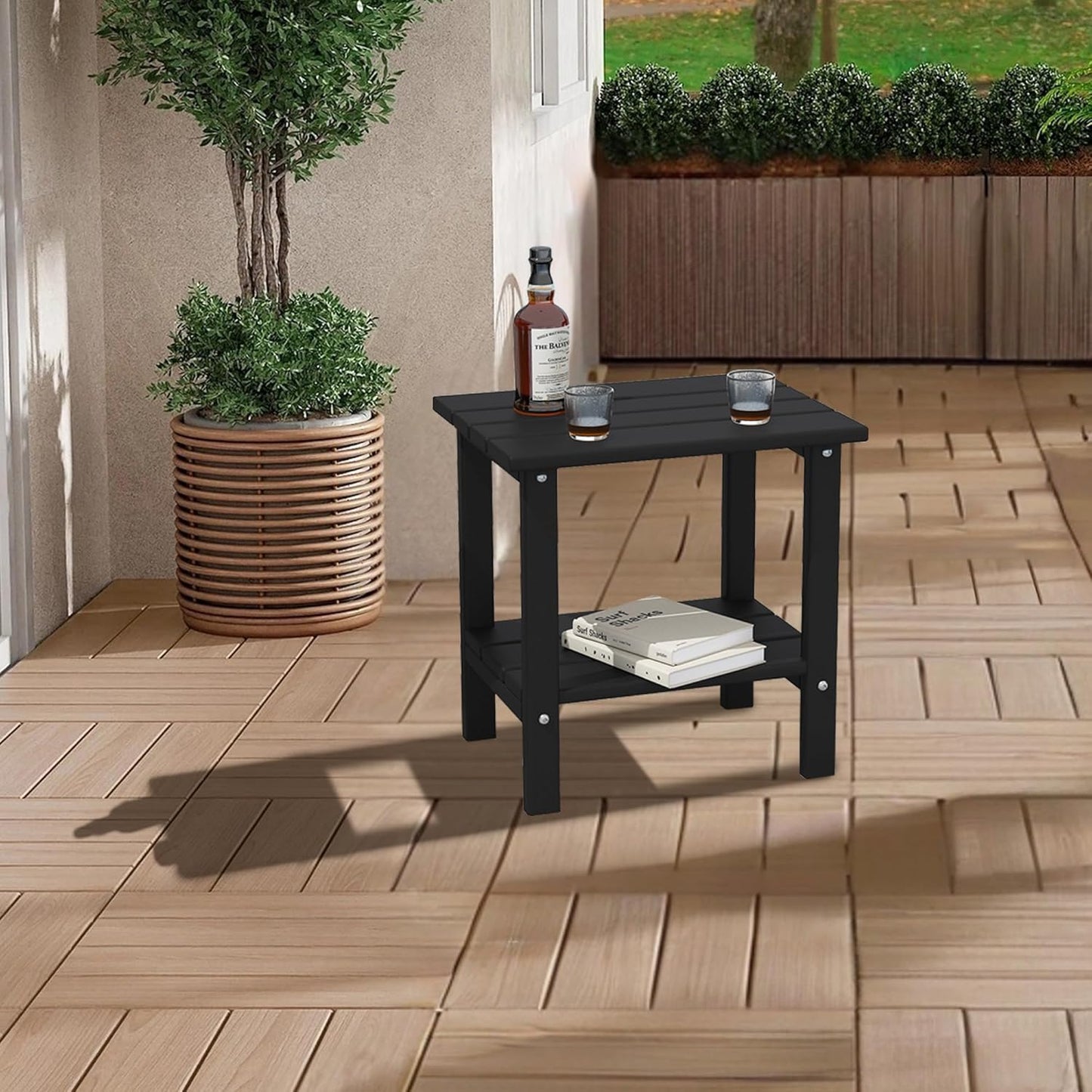 Weather Resistant Outdoor Side Tables Set of 2, Adirondack HDPE Small Outdoor Table, 2-Tier Small Patio Tables for Outside or Indoor, Black
