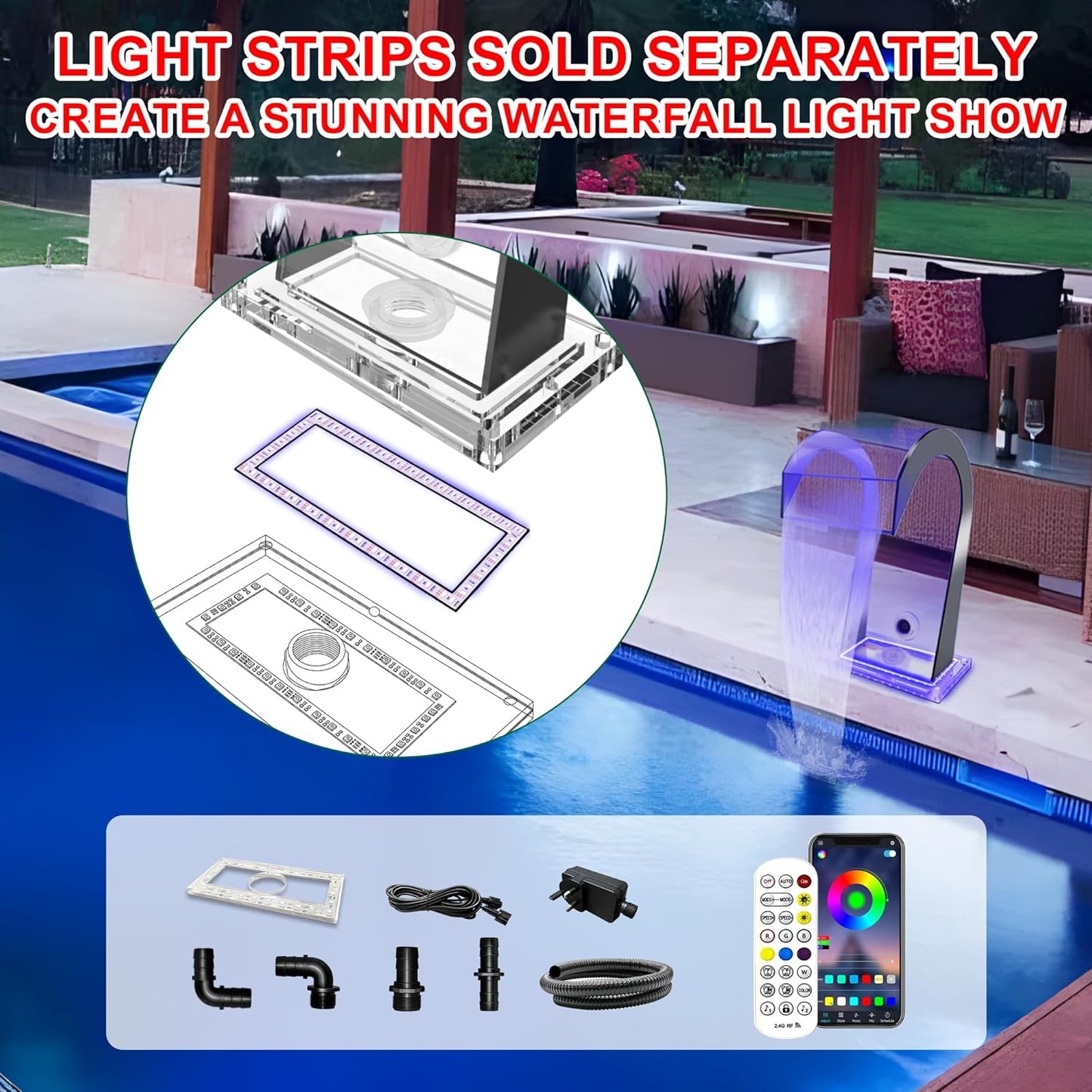 S-Shape Waterfall Spillway Ground Pool Fountain, LONGRUNNEW Transparent Acrylic Outdoor Water Feature 14.09" x 9.57" x 10.04" for Garden Decor, Landscape Accents & Patio Pond Water Feature-Small