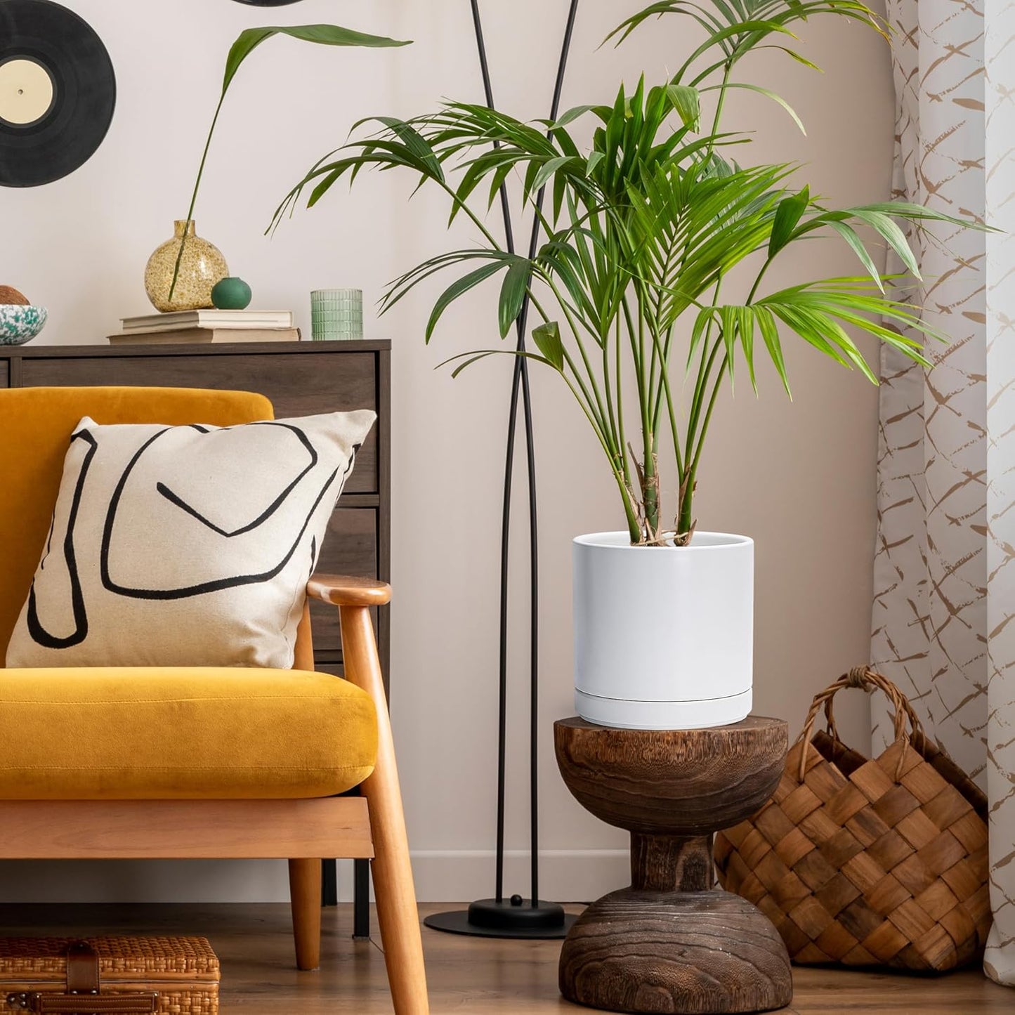 D'vine Dev 8.2 Inch Ceramic Planter Pot with Drainage Hole and Saucer, Indoor Cylinder Round Planter Pot, White, 94-O-D-1