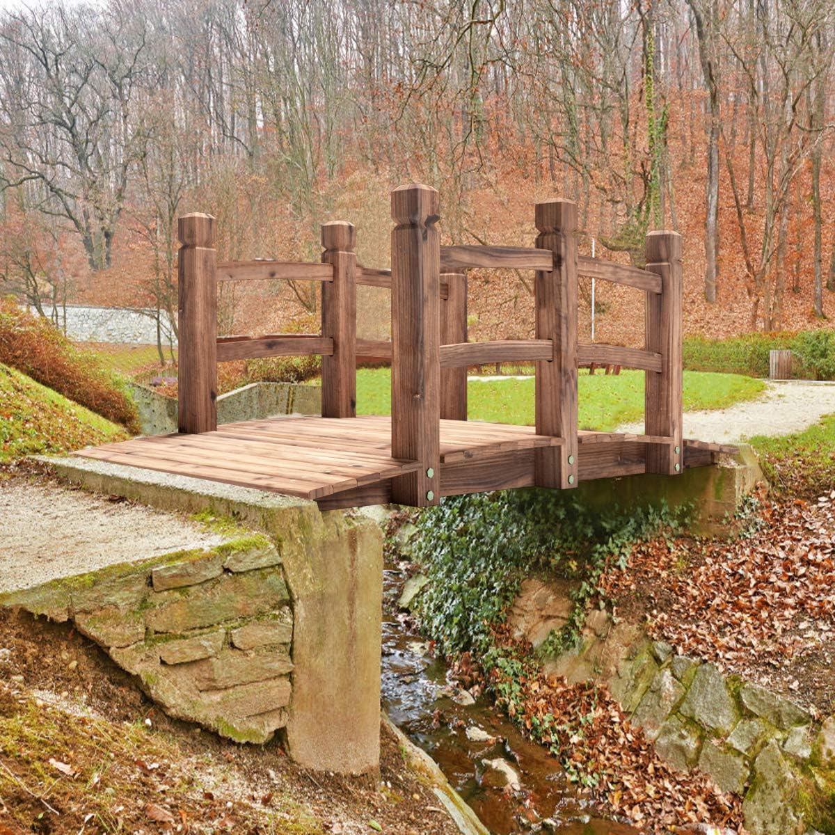 S AFSTAR Wooden Garden Bridge, 5FT Stain Finished Arch Footbridge with Safety Rails for Garden Patio Yard, Outdoor Pond Bridge & Wishing Well Planter Set