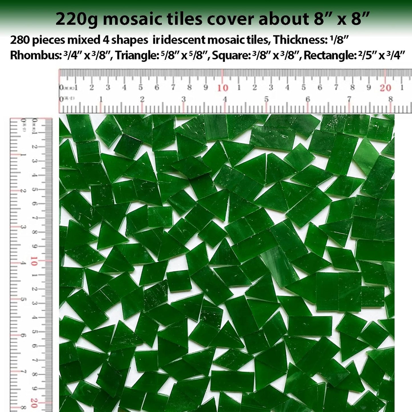 Iridescent Green Mosaic Tiles for Crafts, 280 Pieces Mixed 4 Shapes Stained Glass Sheets, Stained Glass Supplies for Mosaic Projects
