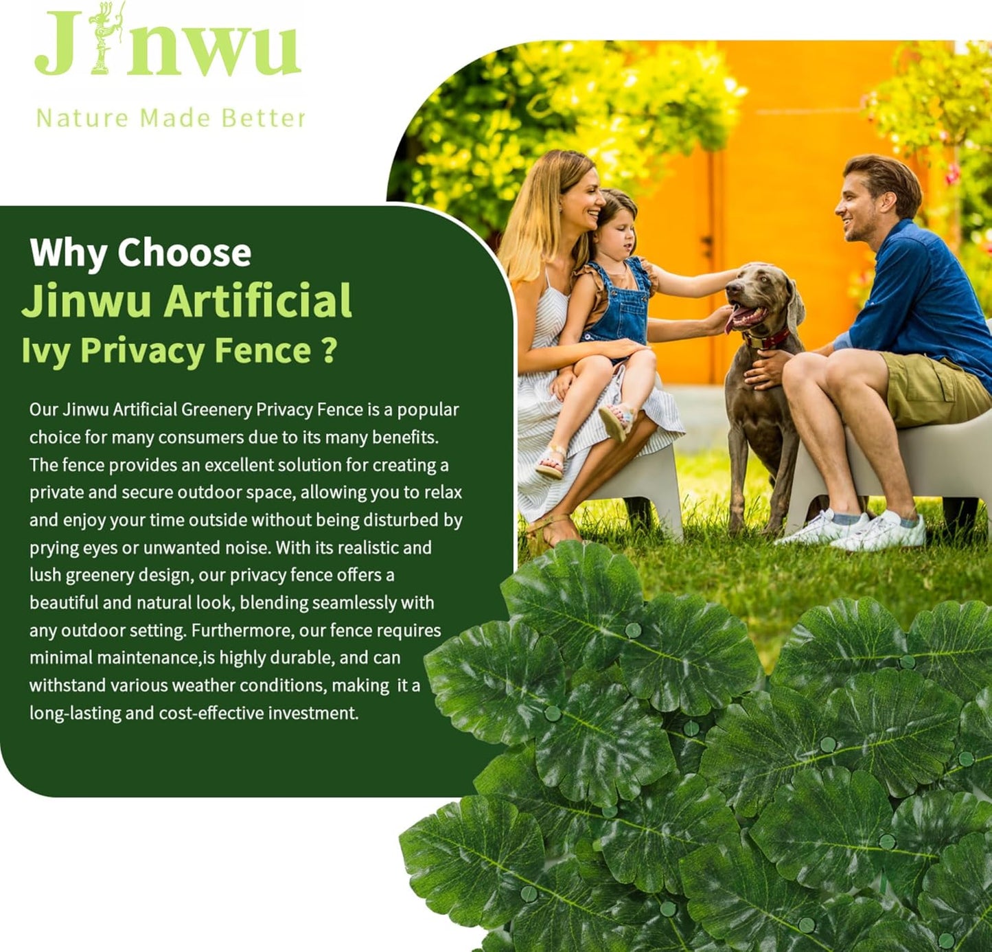 Jinwu Artificial Ivy Privacy Fence Screen, 39.4x354.3 inch Artificial Faux Ivy Hedge, Expandable Faux Privacy Fence with 80 pcs Zip Ties Decoration for Wall Screen, Outdoor Garden, Wedding Decor