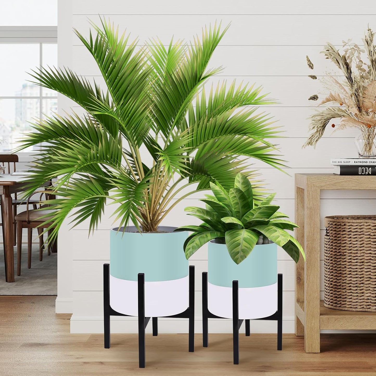 10 & 12 Inches Plant Pots with Stand-Large Indoor Planters with with Drainage Holes,Modern Planting Pots with White and Green Color Matching for Living Room, Office, Garden Or Balcony