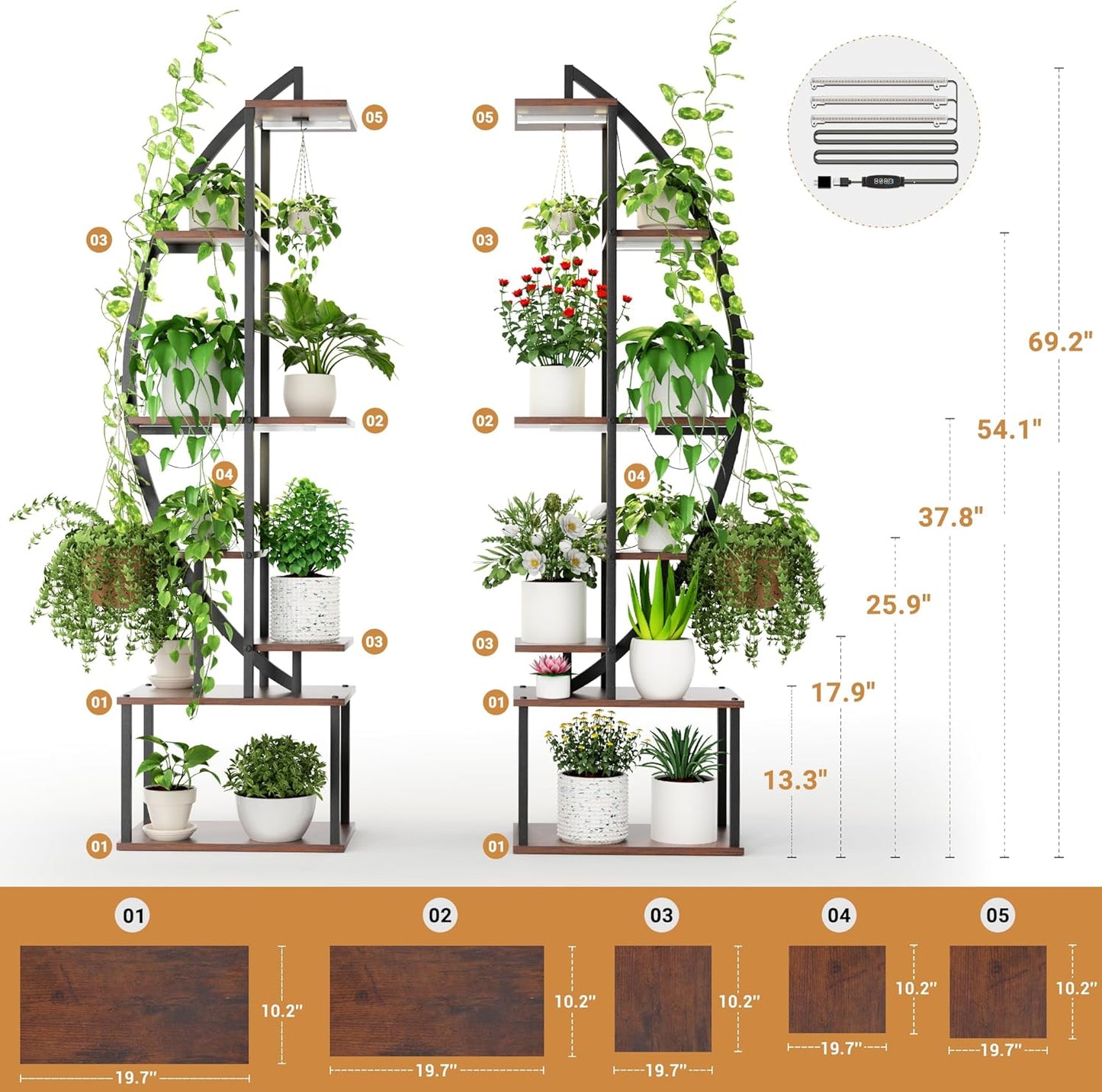 Plant Stand Indoor with Grow Lights 2 Pack, 8 Tiered 69" Tall Metal Plants Shelf, Large Plant Rack Flower Stand for Plants Multiple, Half-Moon Indoor Plant Shelf for Living Room Patio Garden Balcony