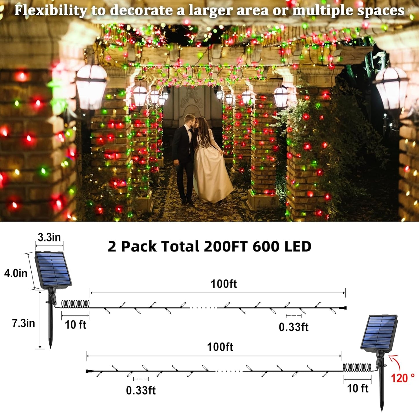 2-Pack 200FT Solar String Lights for Outside, 600 LED Extra-Bright Solar Light Outdoor with 19 Modes & Timer, Waterproof Fairy Solar Lights for Garden Patio Tree Christmas Decorations Red & Green