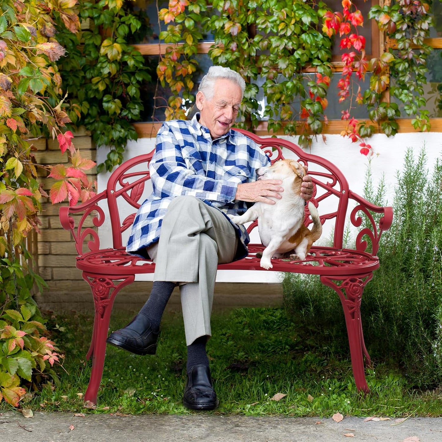 Bonnlo 38.5" Patio Outdoor Bench, Cast Anti-Rust Iron Aluminum Garden Bench with Rose Patten Finish Chair, Entryway Bench 2 Person Seat for Patio, Lawn, Backyard