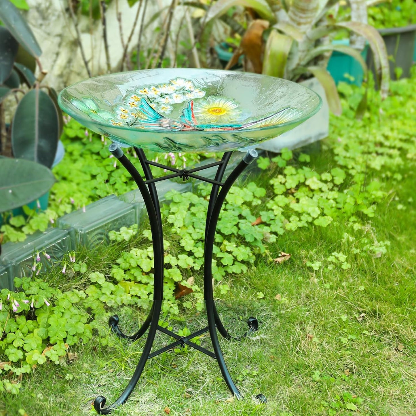 MUMTOP Bird Bath-Bird Baths for Outdoors - Hummingbird Glass Large Bird Bath Bowl with Metal Stand, Bird Feeders for Outside and Garden, Patio,Lawn Decor