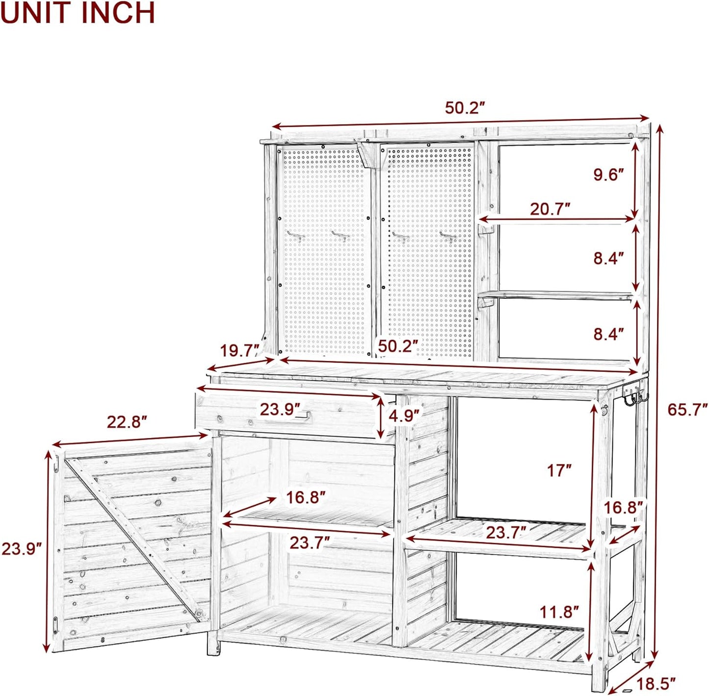 Fir Wood Potting Bench with Hutch - Outdoor Garden Workstation with 4 Shelves, Drawer & Adjustable Storage, 50.2" Countertop, & Pegboard (White + Wood + Rustic)