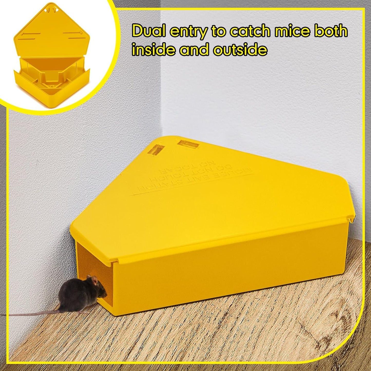 Qualirey 36 Pcs Mice Station with Key Triangle Bait Station Reusable Rodent Trap Bait Box, Keeps Children and Pets Safe Indoor & Outdoor, Bait Not Included, Suitable for Small Mice (Yellow)