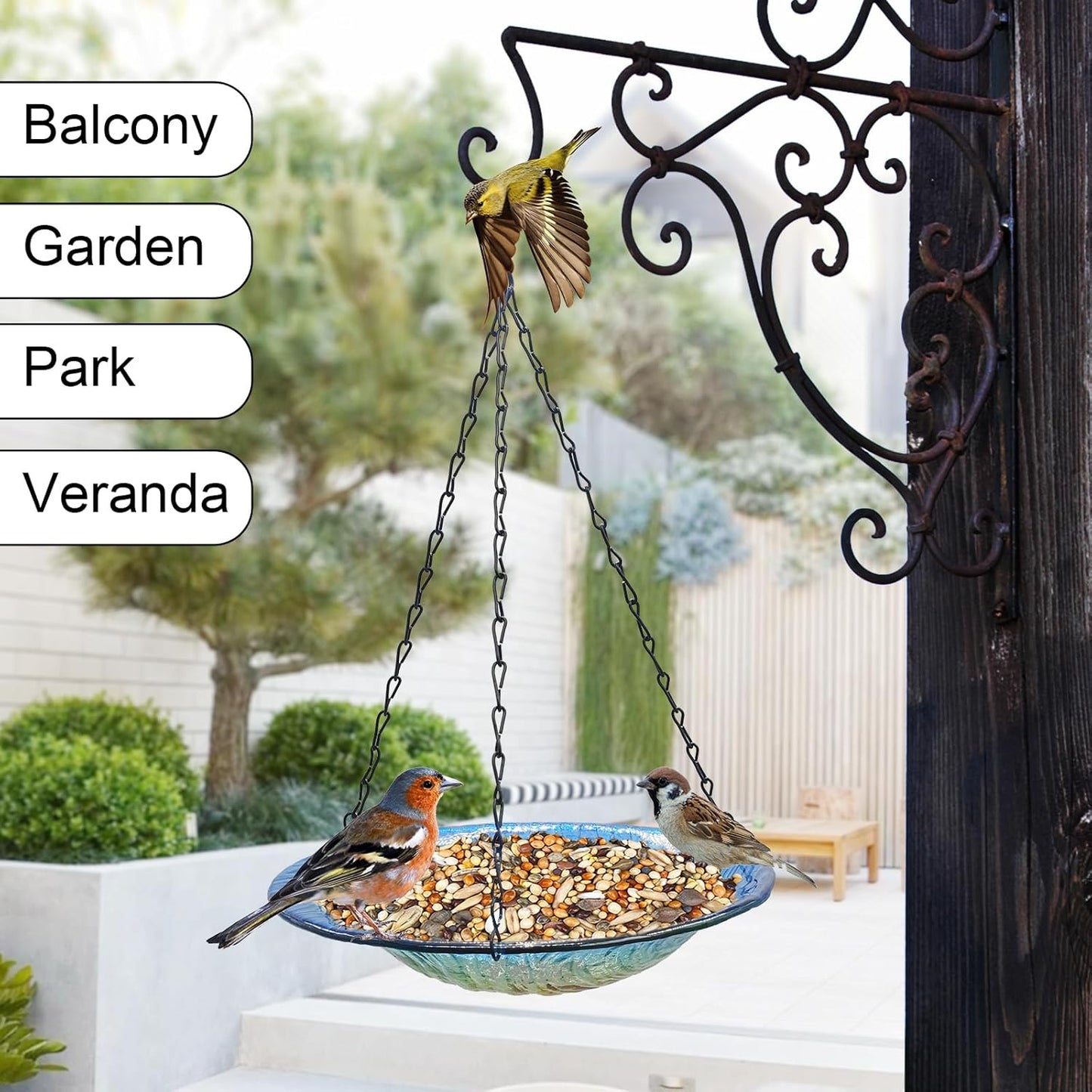 Hanging birdbath, Outdoor Glass birdbath, Bird Feeder with Blue-Orange Texture Pattern for Garden Patio Decoration