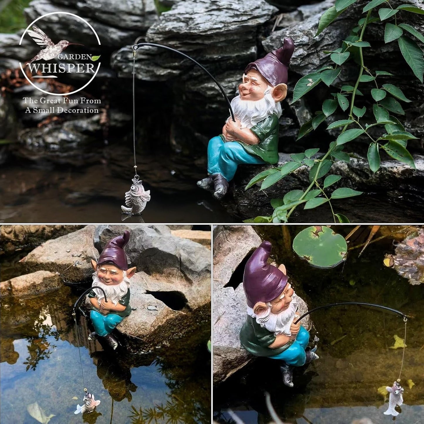 Gnomes Decoration for Yard Outdoor Garden Decor 9.7 Inch Tall Fishing Gnome Statue for Koi Pond, Waterfalls or Poolside Ornaments, Fisher Guy Outdoor Statues, Gift for Mom & Women