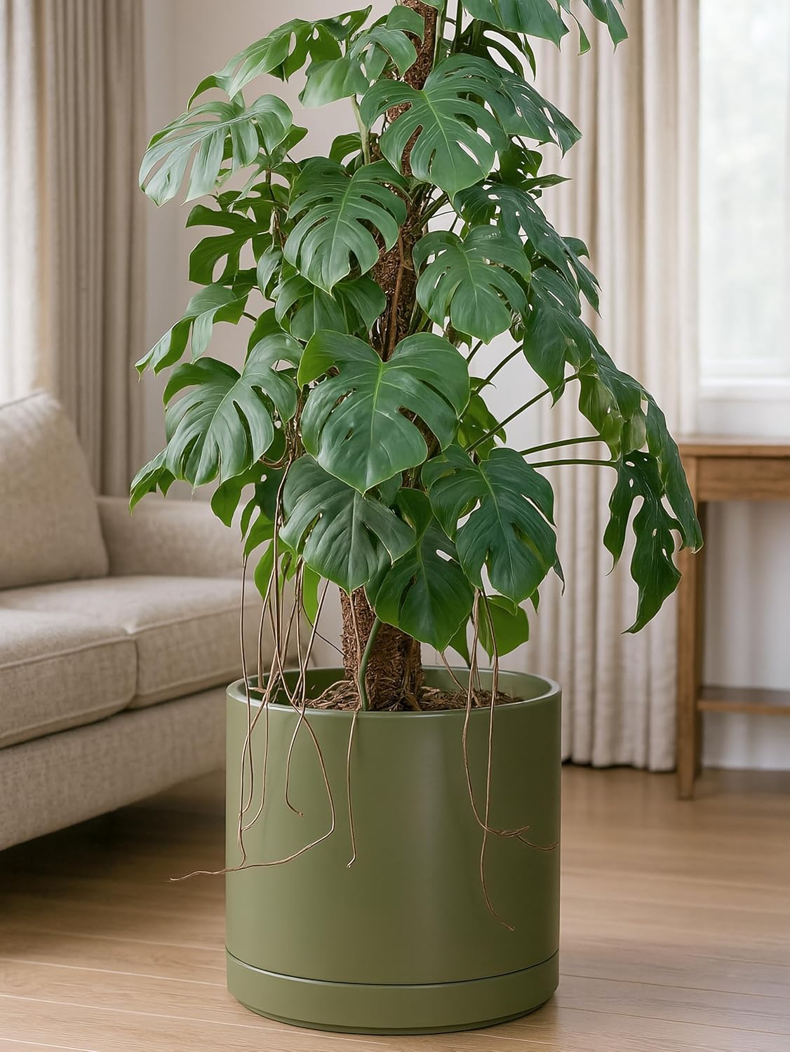 D'vine Dev 14 Inch Ceramic Planter Pot with Drainage Hole and Saucer, Indoor Cylinder Round Planter Pot, Olive, 94-O-G-J