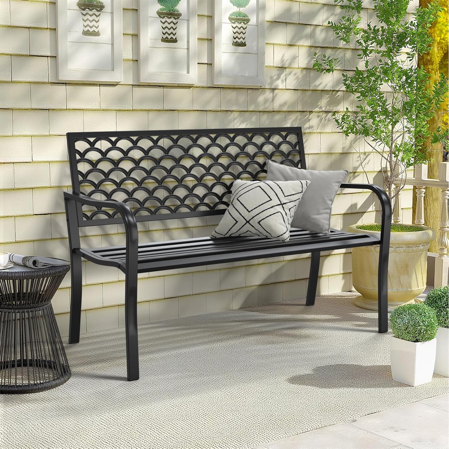 50" Heavy Duty Outdoor Bench, Wrought Iron Weatherproof Garden Bench Black Metal Patio Bench for Park Proch Yard 880lbs