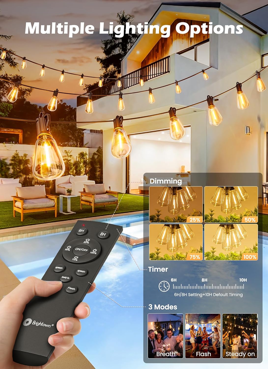 Brightown Outdoor Solar String Lights Waterproof 58FT with 25 Shatterproof ST38 LED Bulbs, 2700K Solar Lights Outdoor with Remote, Solar String Lights for Outside, Camping, Yard, Party Decor