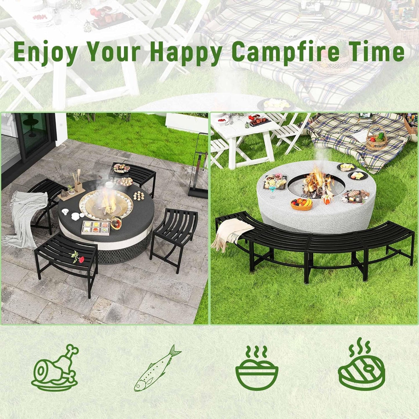 Metal Curved Fire Pit Bench Set of 4, Outdoor Fire Pit Seating, Steel Backless Outside Bench for Garden, Patio, Porch, Backyard, Plant Stand, Heavy Duty Plant Holder, Style 2, Black