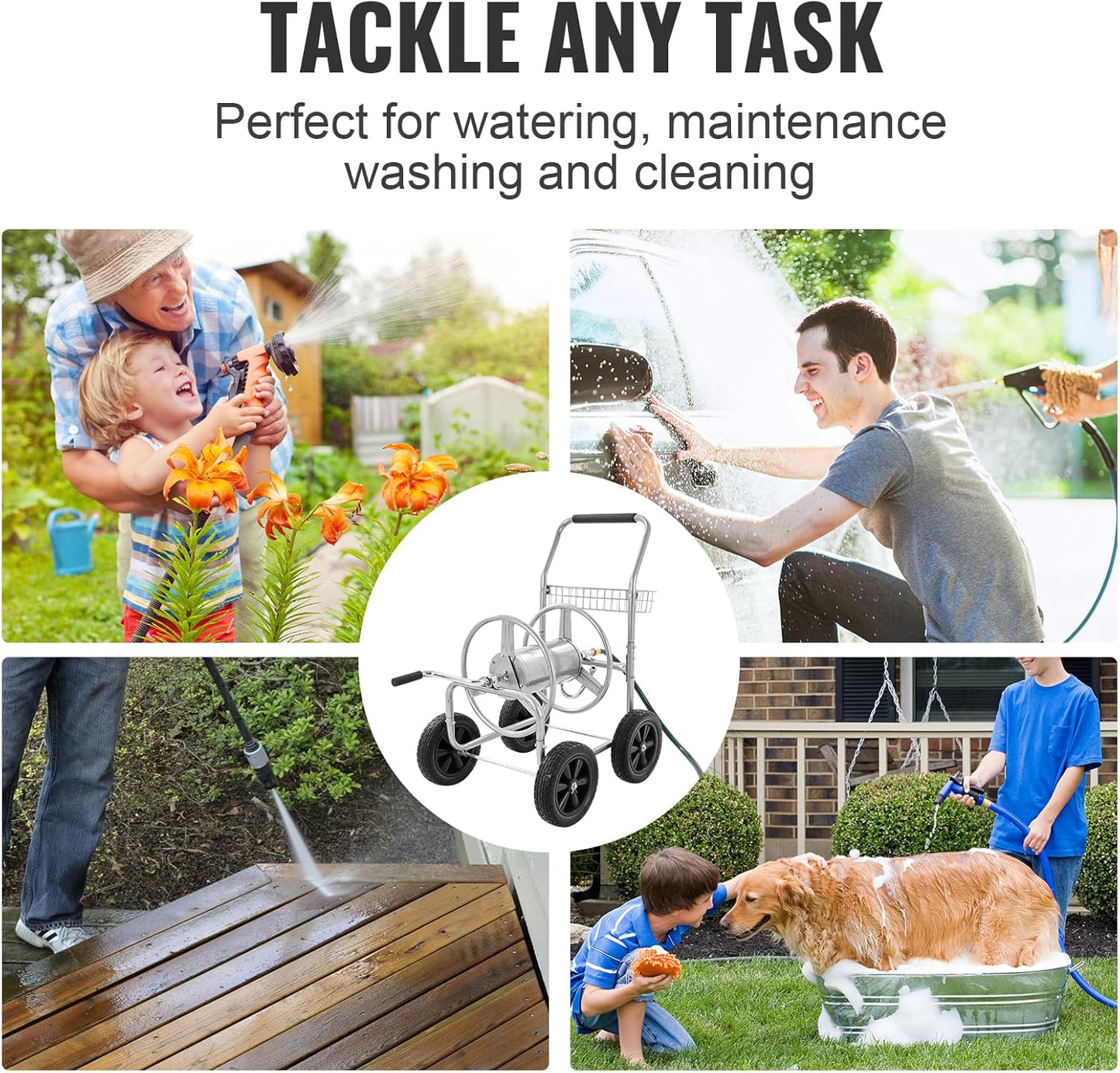 VEVOR Hose Reel Cart, Hold Up to 250 ft of 5/8’’ Hose, Garden Water Hose Carts Mobile Tools with 4 Wheels, Heavy Duty Powder-coated Steel Outdoor Planting with Storage Basket, for Garden, Yard, Lawn