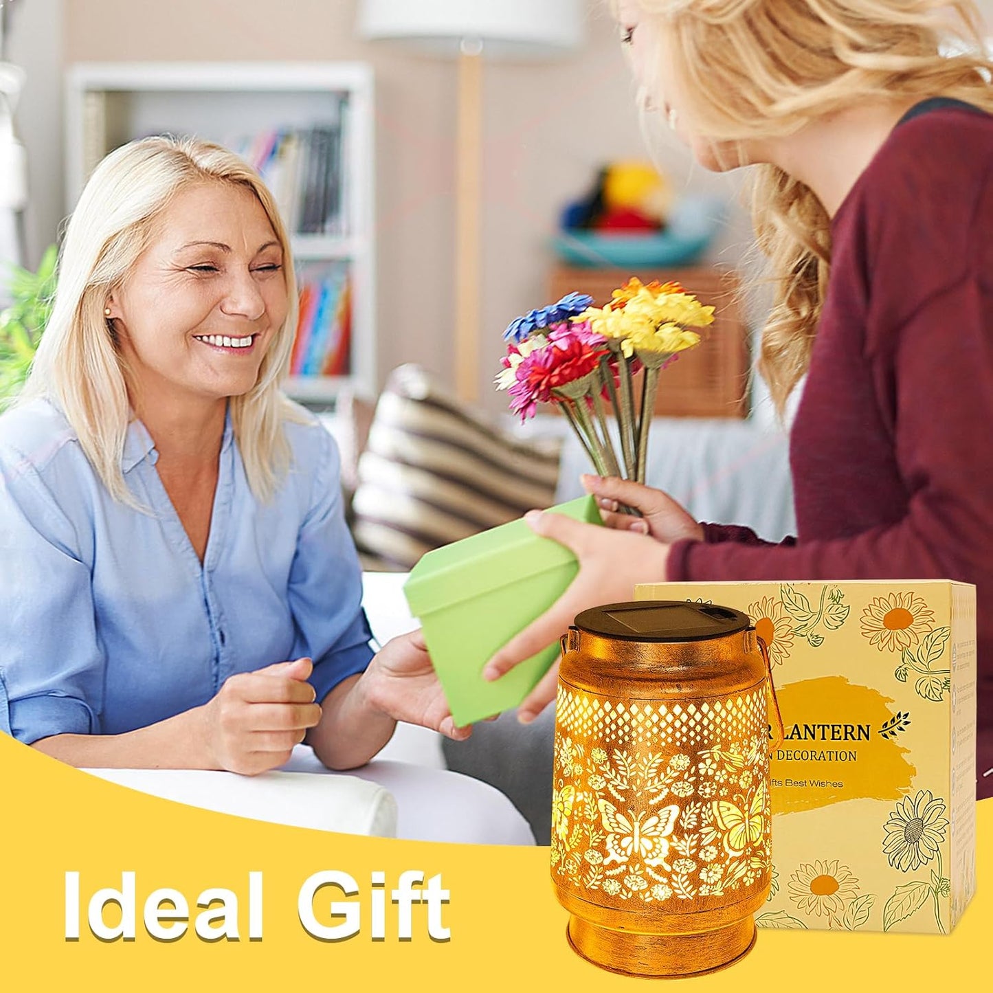 2 Pack Solar Lanterns Outdoor Butterfly Garden Decor, Birthday Gifts for Women Mom Grandma Waterproof Metal Hanging Solar Lights LED Decoration with Shepherd Hook Outside for Yard Porch Lawn Patio