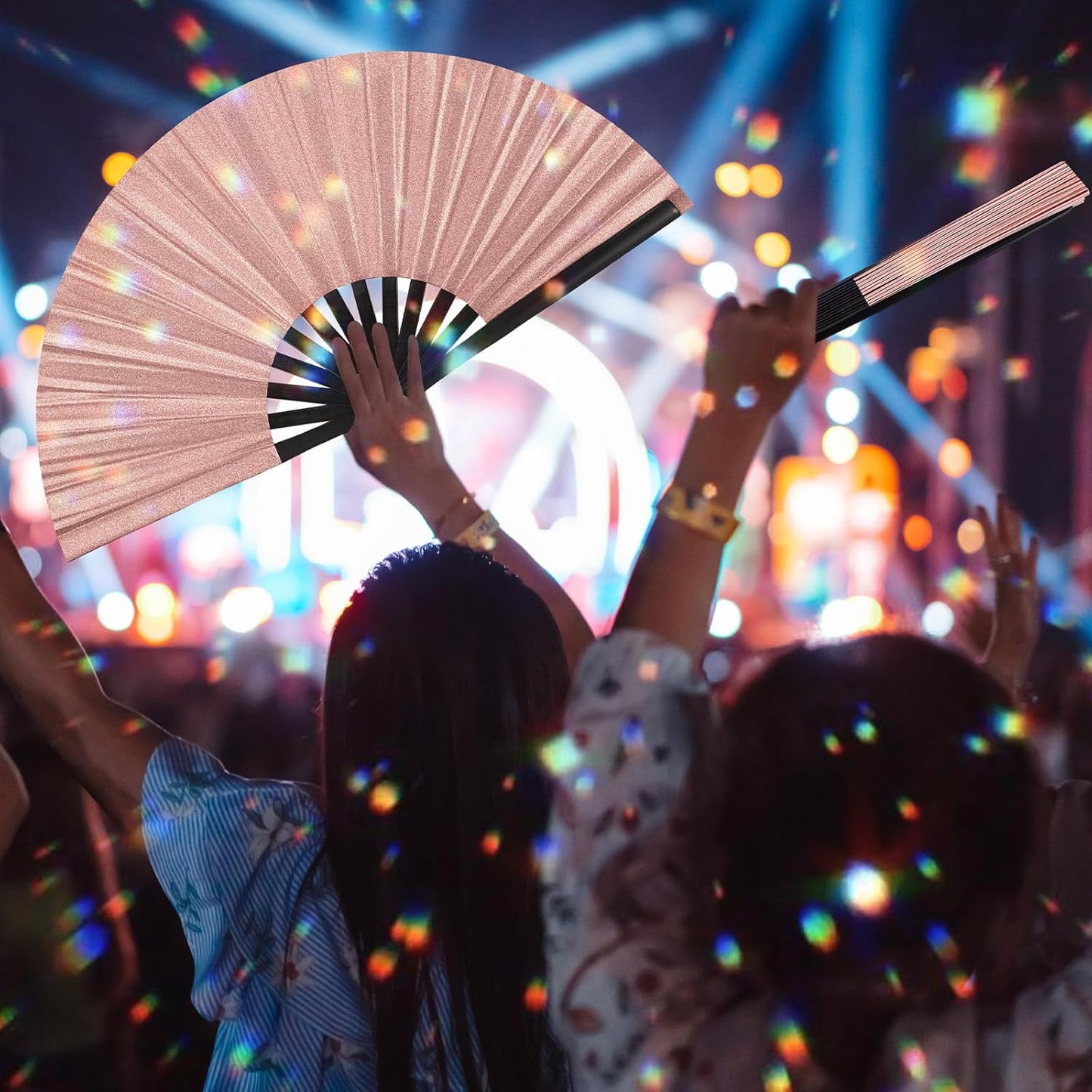 Maitys 2 Packs Large Clap Fans for Line Dancing Large Chinese Folding Hand Fans for Men and Women, Festival, Tai Ji, Kungfu, Martial Art, Gifts (Glitter Champagne)