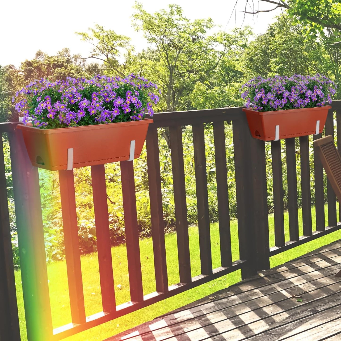 Deck Railing Planter Boxes, 6 Pack Deck Hanging Planters for Railing, 16.9 Inch Balcony Planters Railing Hanging, Railing Hanging Planter, Red and White