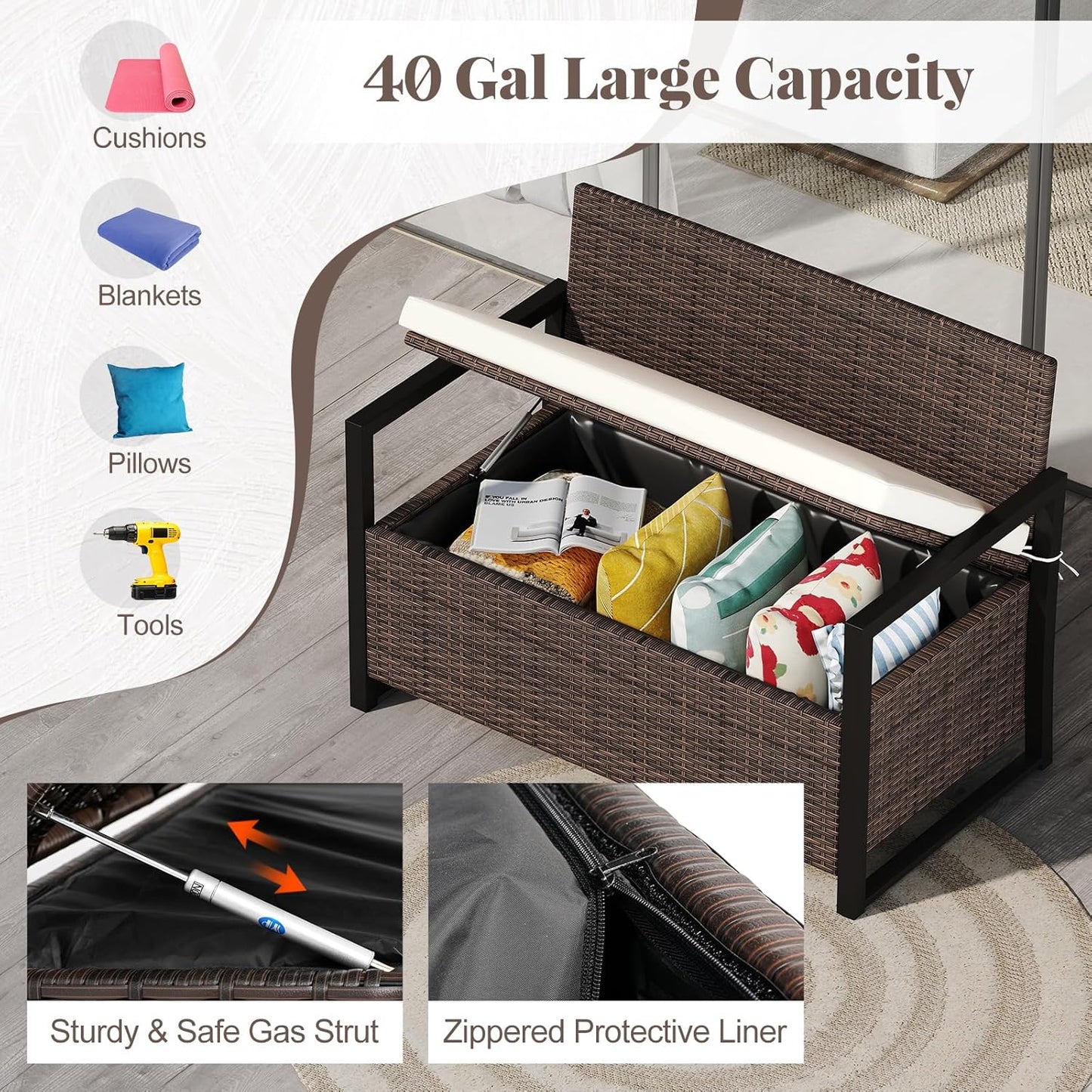 Tangkula 40 Gallon Outdoor Bench with Storage, Patio Wicker Storage Bench with Cushion, Cover, Metal Frame, Deck Box Seat for Backyard, Poolside, Balcony, Garden