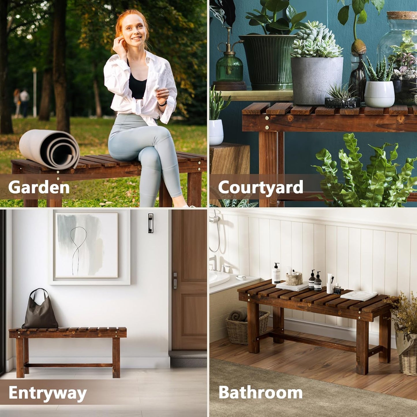 35.5" Outdoor Garden Bench, Weatherproof Patio Benches 2-Person Seat Backless Wooden Porch Bench, Multifunctional Slat All Weather Bench for Garden Lawn Porch Park Backyard (Carbonized Brown)