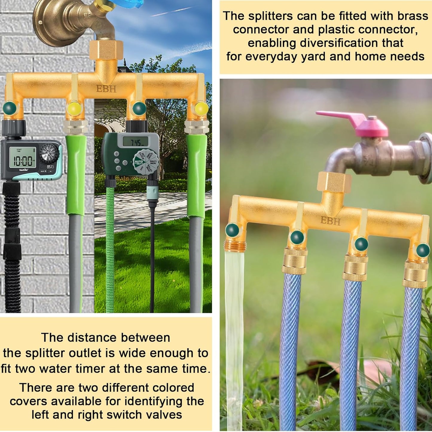 EBH Brass Garden Hose Splitter, 4-Way Heavy Duty Hose Splitter, Outdoor Faucet Manifold, with Extended Metal Handle and Individual On/Off Valve Spout, 3/4” GHT Threads