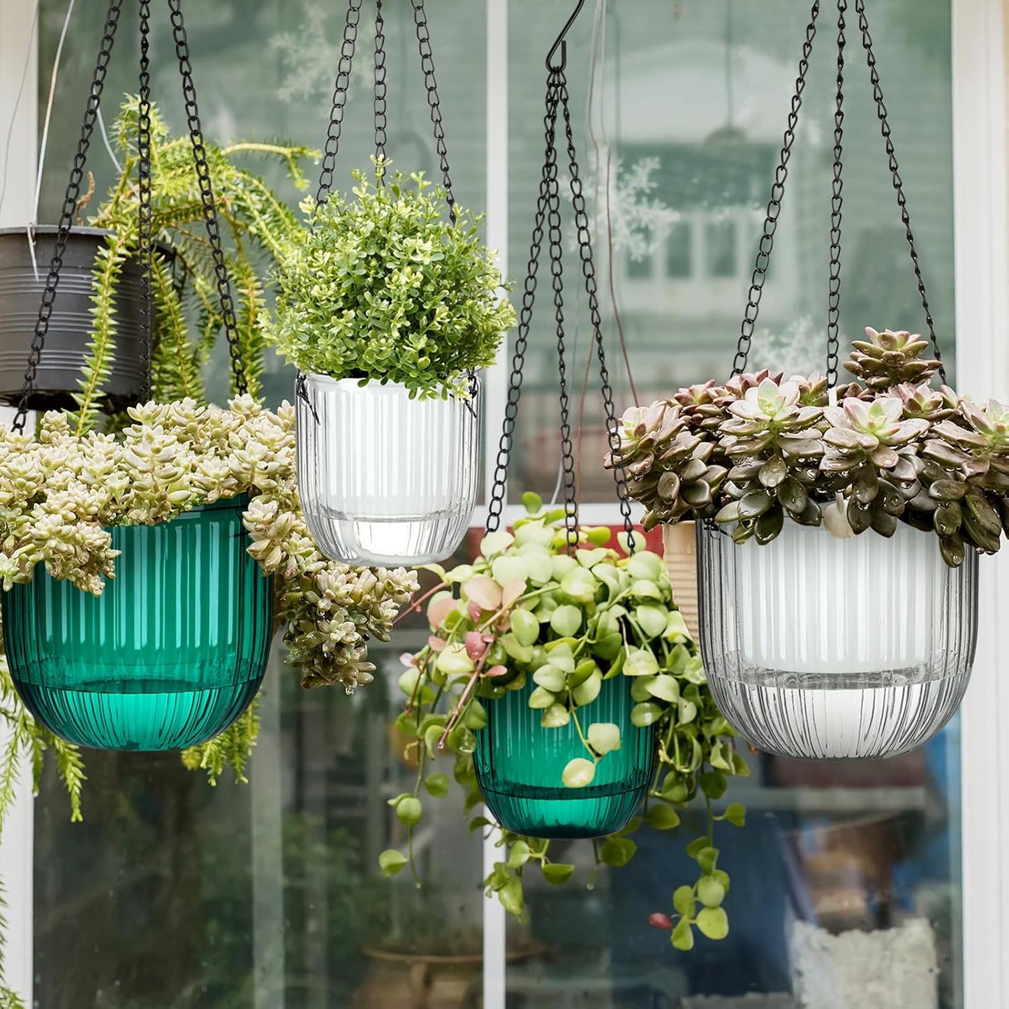 Maxcheck 4 Pcs Self Watering Hanging Planters Indoor Gift 6.5'' 4.5'' Hanging Flower Pots Baskets Outdoor Self Watering Plant with 3hooks Drainage Holes for Home(Emerald,Clear)