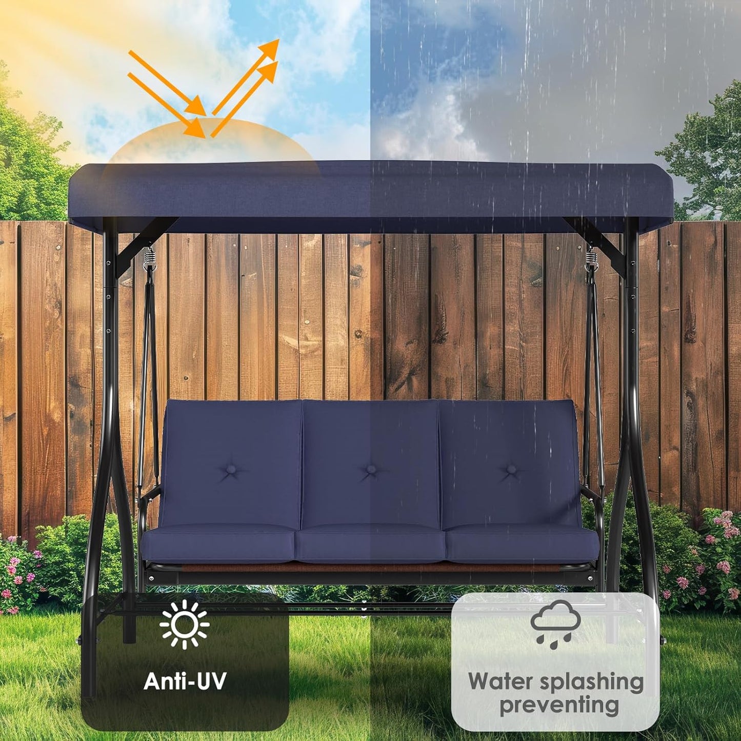 TLSUNNY 3-Seat Outdoor Patio Porch Swing with Adjustable Canopy & Backrest, Convertible Glider Bed with Stand, Removable Seat Cushion, 45° Tilt Adjustment for Backyard, Poolside, Balcony - 750LBS