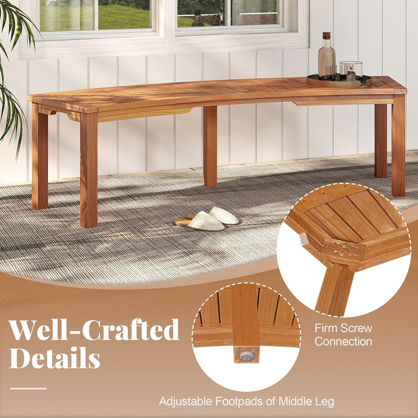 Tangkula Outdoor Curved Bench, Acacia Wood Fire Pit Bench w/Slatted Seat, Patio Backless 2-Person Seating for Porch, Yard, Garden, 800 LBS Max Load, Oil Painted (4, 58")