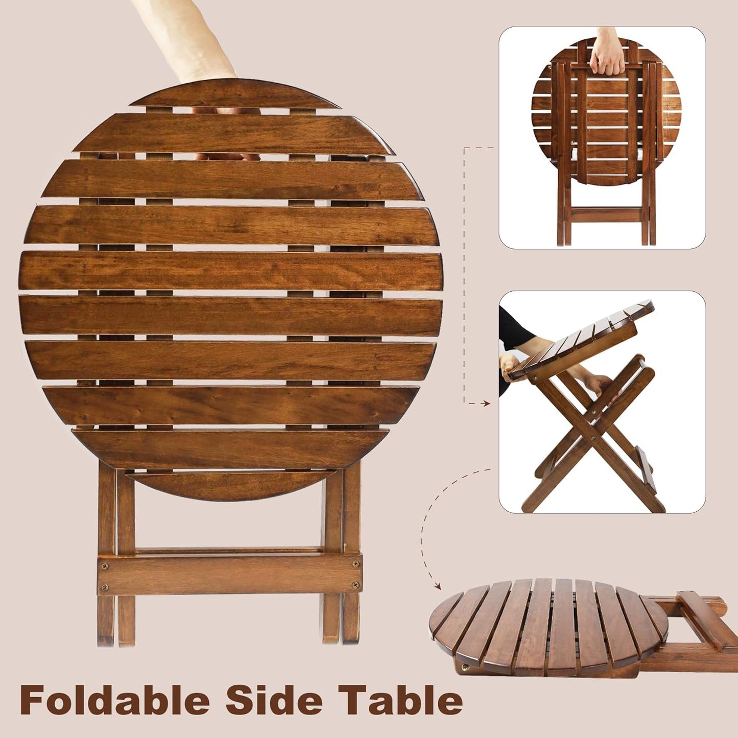 Outdoor Patio Side Table Set of 2 Small Folding Wood Round End Table Coffee Furniture for Living Room, Bedroom, Plant Stand, Camping Portable Brown
