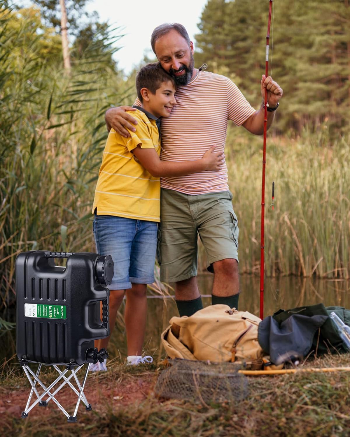 UPWOIGH 5 Gallon Water Jug with Spigot and Folding Stool – Leak-Proof, BPA-Free Portable Black Water Container with Stand, Large Outdoor Storage Tank for Camping, Hiking, RV, Travel, and Emergency Use