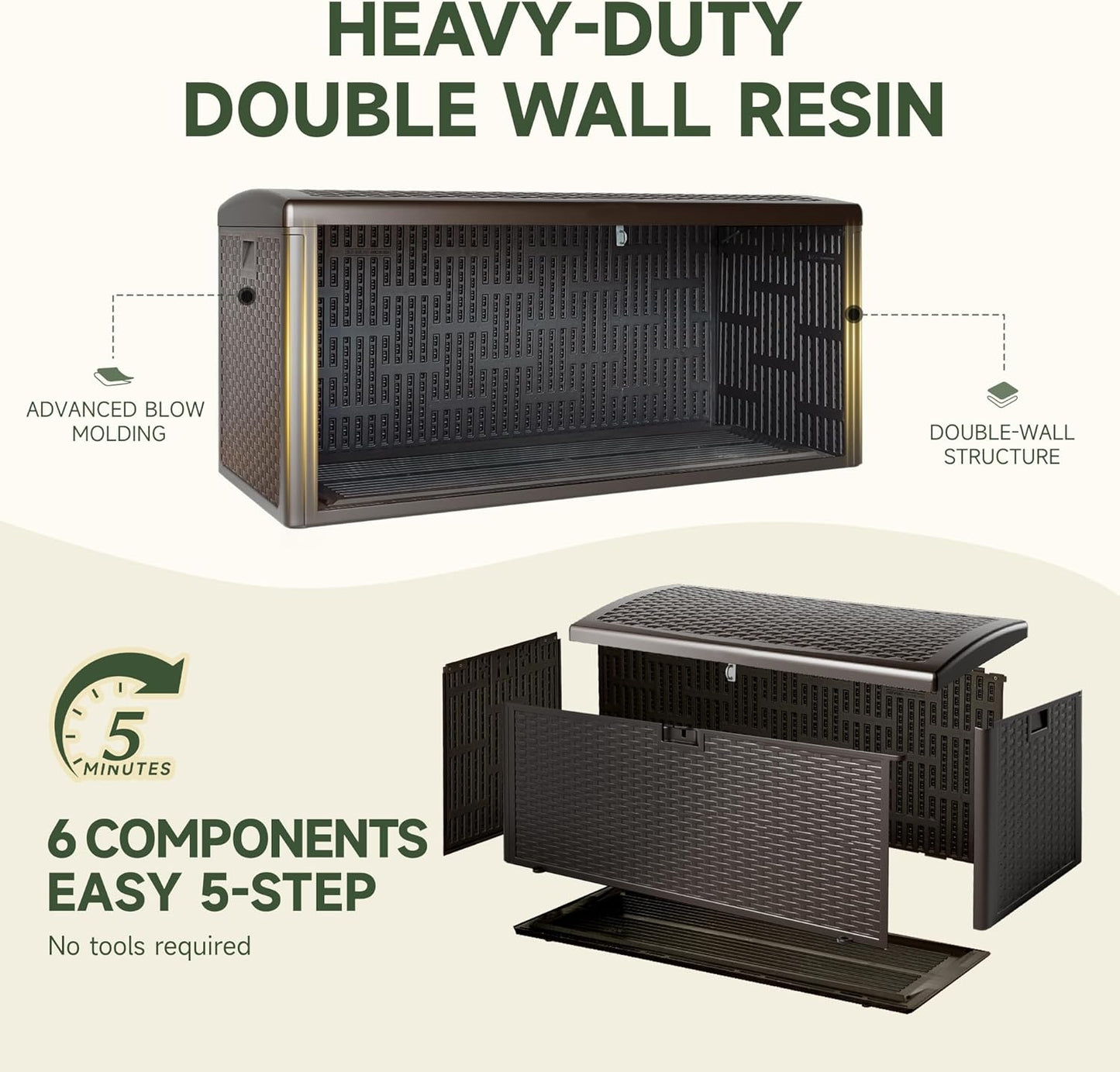 150 Gallon Deck Box, Double Layer Waterproof Resin Outdoor Indoor Storage Box, Lockable & UV Resistant Storage Bin for Patio Furniture, Garden Tools, Pool Accessories (Brown)