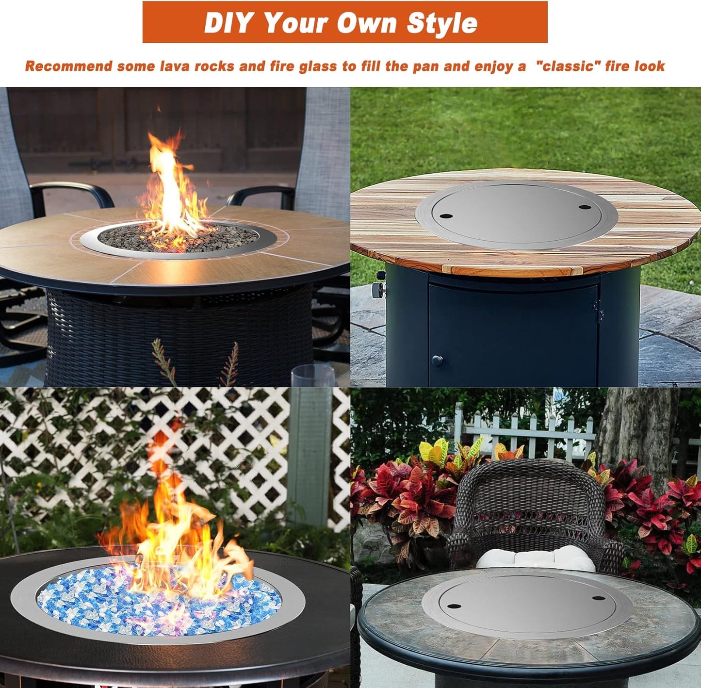 Skyflame 13 Inch Round Stainless Steel Drop in Fire Pit Pan Fire Bowl with Burner Ring and Protective Cover