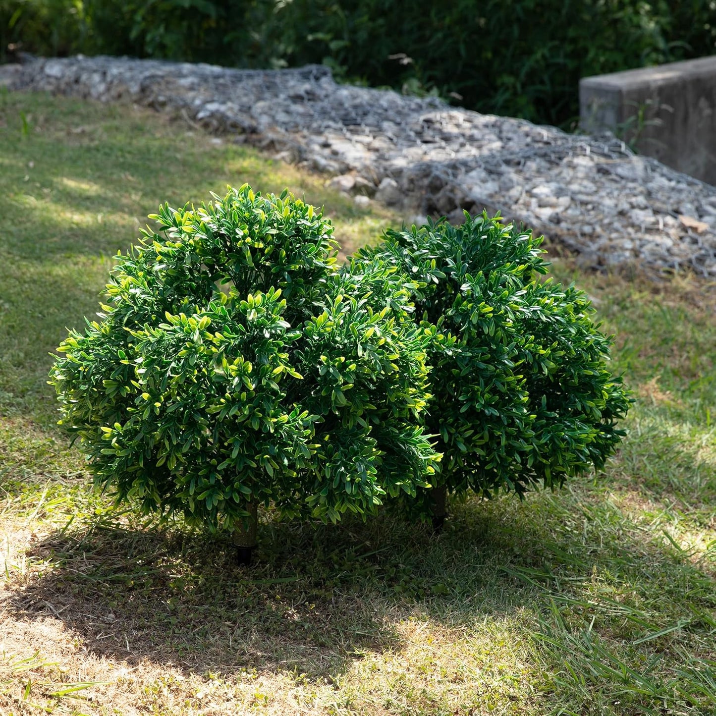Premium 16" Diameter Artificial Japanese Boxwood Topiary – Set of 2 Faux Plants with Ground Spikes – UV-Resistant, Realistic Outdoor & Indoor Garden Décor – Weatherproof and Durable