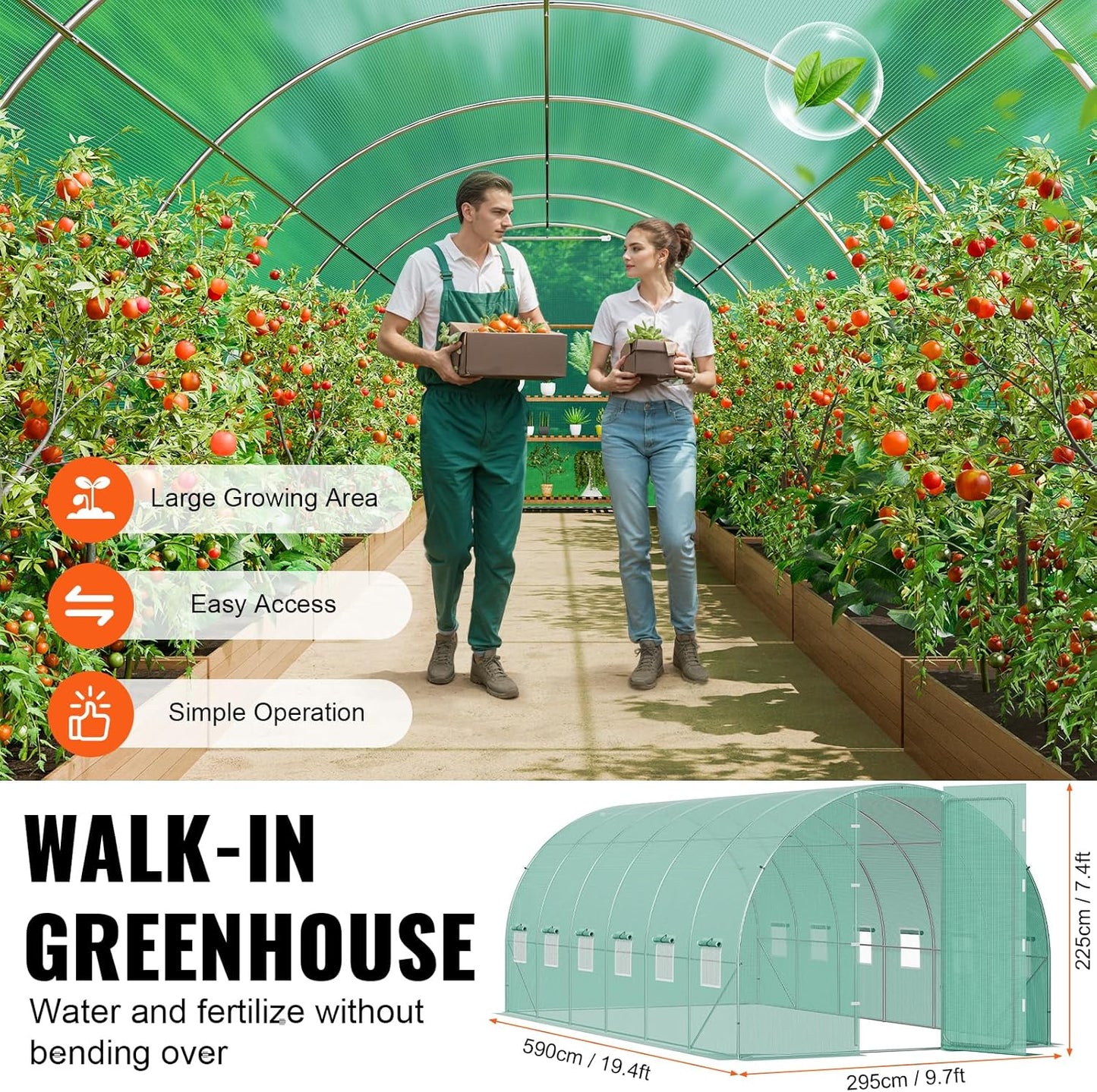 VEVOR Walk-in Tunnel Greenhouse, 19.4x9.7x7.4 ft Hoop House Greenhouse Tunnel, Plant Hot House with Galvanized Steel Frame, Green PE Cover, Swing Door and 12 Roll-up Windows for Outdoor