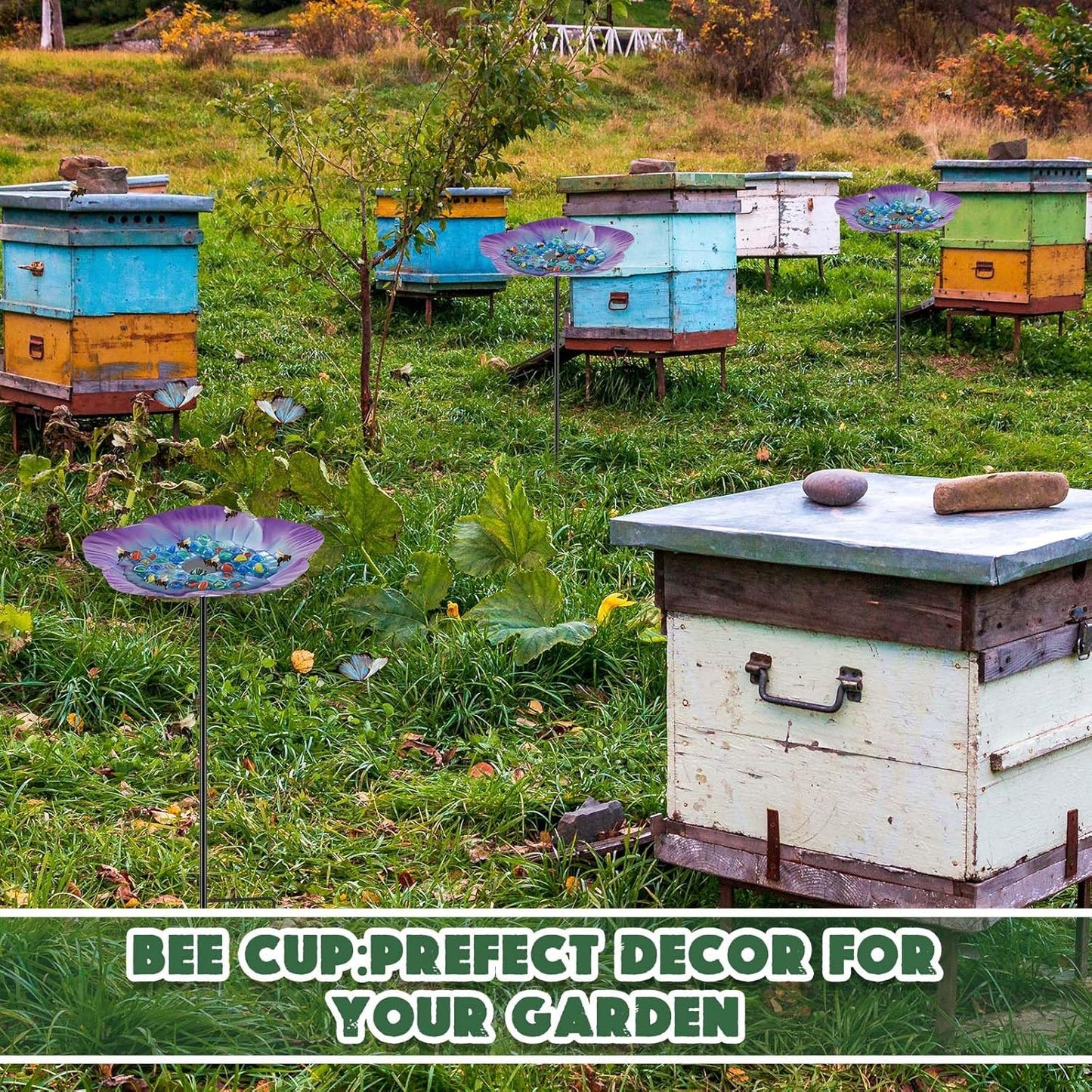 Tandefio Vivid Flower Bee Watering Station Metal Butterfly Water Feeder Cup with 30 Colorful Glass Marbles Bee Feeder Butterfly Bath Bowl for Garden Outdoor Yard Decors(Blue Purple,Flower)