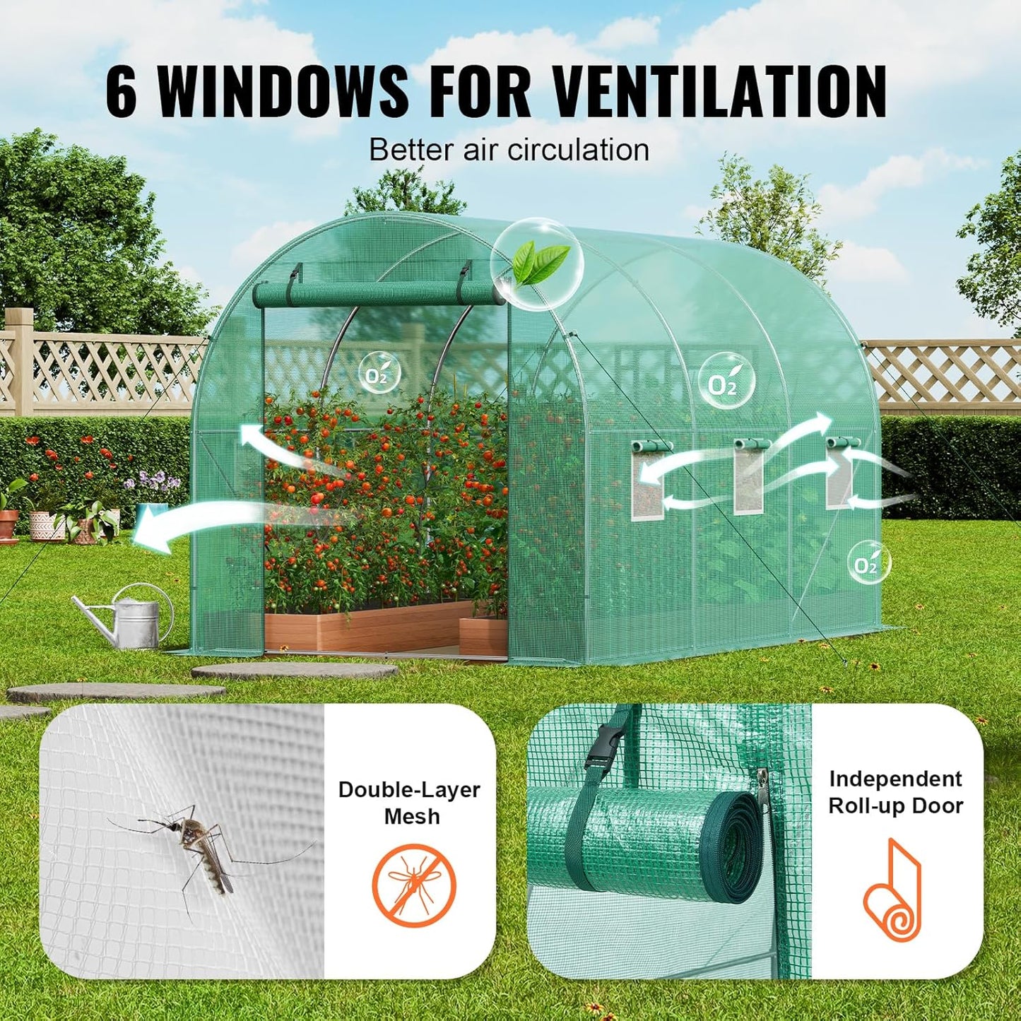 VEVOR Walk-in Tunnel Greenhouse, 9.6x6.4x6.2 ft Hoop House Greenhouse Tunnel, Plant Hot House with Galvanized Steel Frame, Green PE Cover, Roll-up Zipper Door and 6 Windows for Outdoor