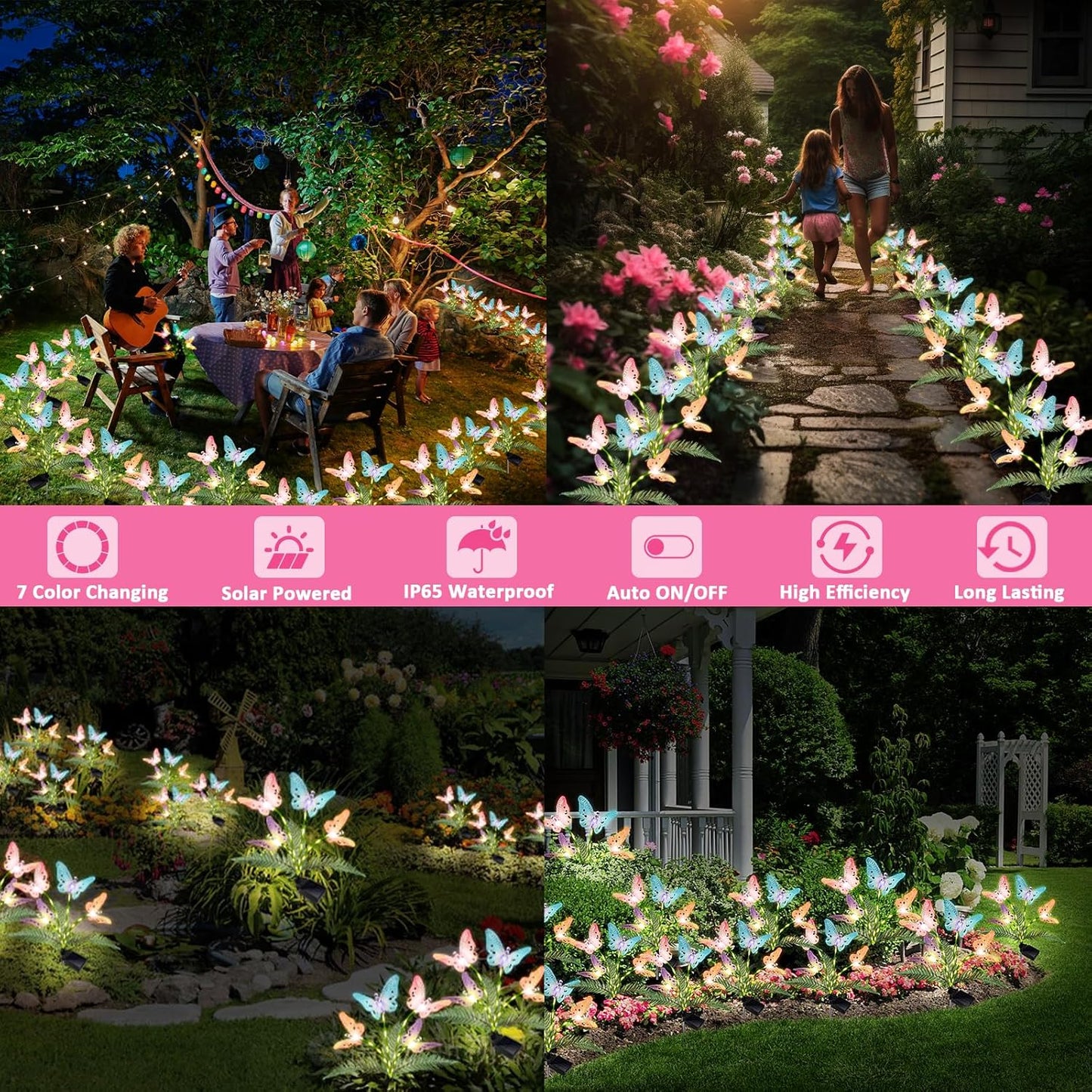Solar Garden Lights 4 Pack Waterproof Decorative Solar Lights Outdoor with Glowing Stems,7-Color Changing Fiber Optic Butterfly Light for Outside Yard Lawn Garden Decor, Gifts for Women
