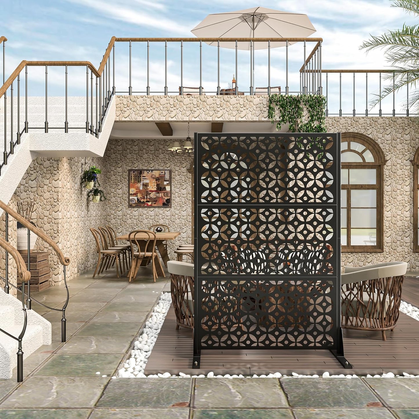 Metal Privacy Screen Outdoor 72" H×47" W,Freestanding Decorative Privacy Screen for Balcony Yard&Garden,Privacy Fence-Black&Louvered