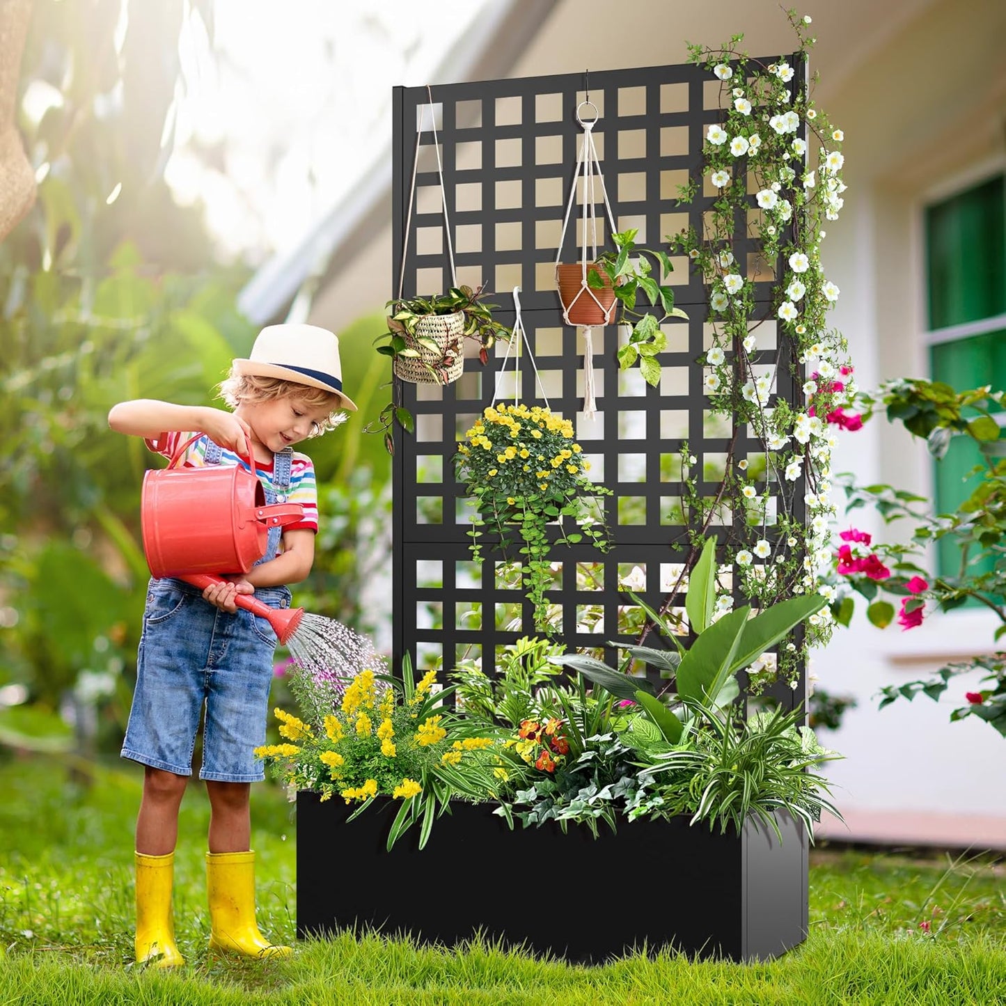 FENCY Metal Raised Garden Bed with Trellis, Metal Planter Box with Trellis, Garden Box for Climbing Plants Vegetable, 35''Lx16''Wx71''H Garden Bed with Drainage Holes(Black)