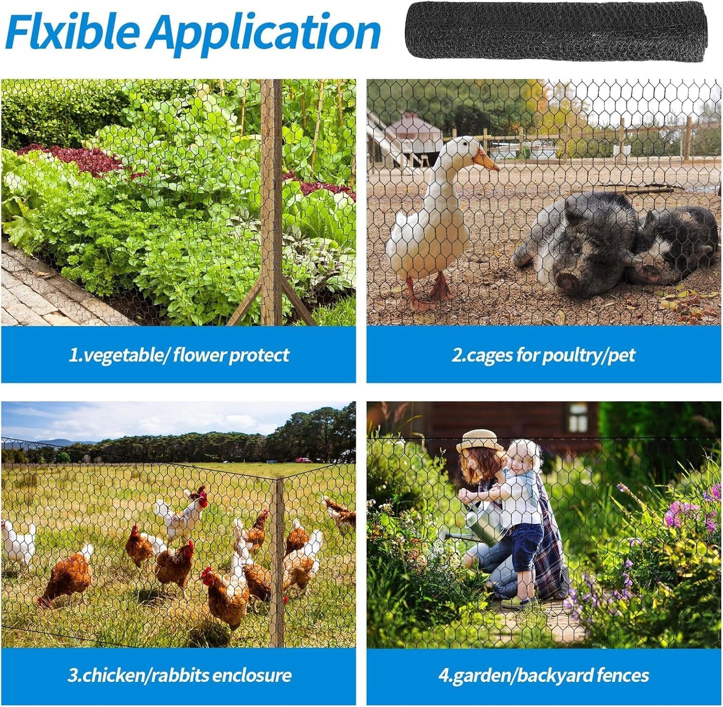 24'' x 50' Black Chicken Wire Fencing, 1 inch Chicken Wire and 20 Gauge Poultry Netting, Garden Mesh Fence Roll for Floral Arrangements,Crafts, Farm,Livestock,Pet Protection