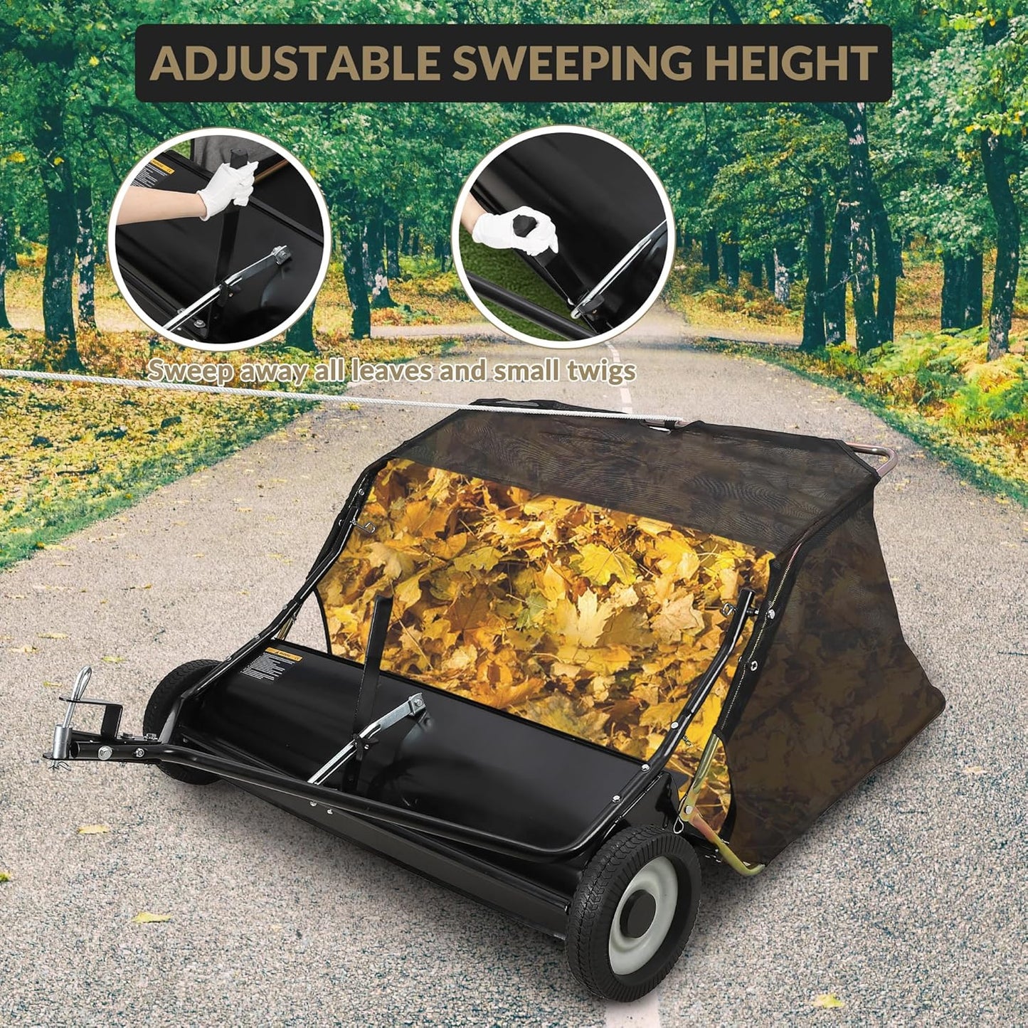GAOMON 48'' Tow Behind Lawn Sweeper,Pull Behind Lawn Sweeper,with 26 Cu. Ft. Large Capacity Leaf Collector,Adjustable Sweeping Height for Yard, Lawn, Farm
