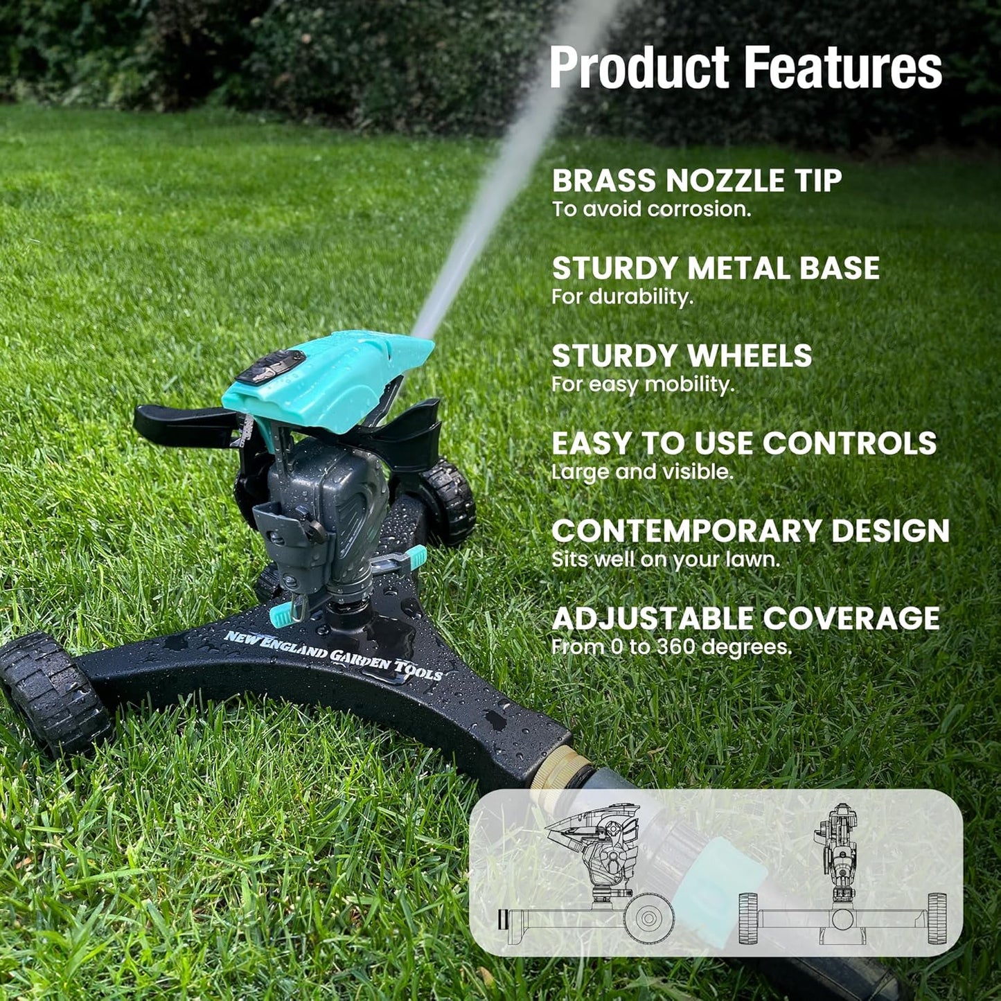 Lawn Pulsating Impact Sprinkler 300011 with a Gear Drive on Metal Base, Adjustable to 360 Degrees by New England Garden Tools