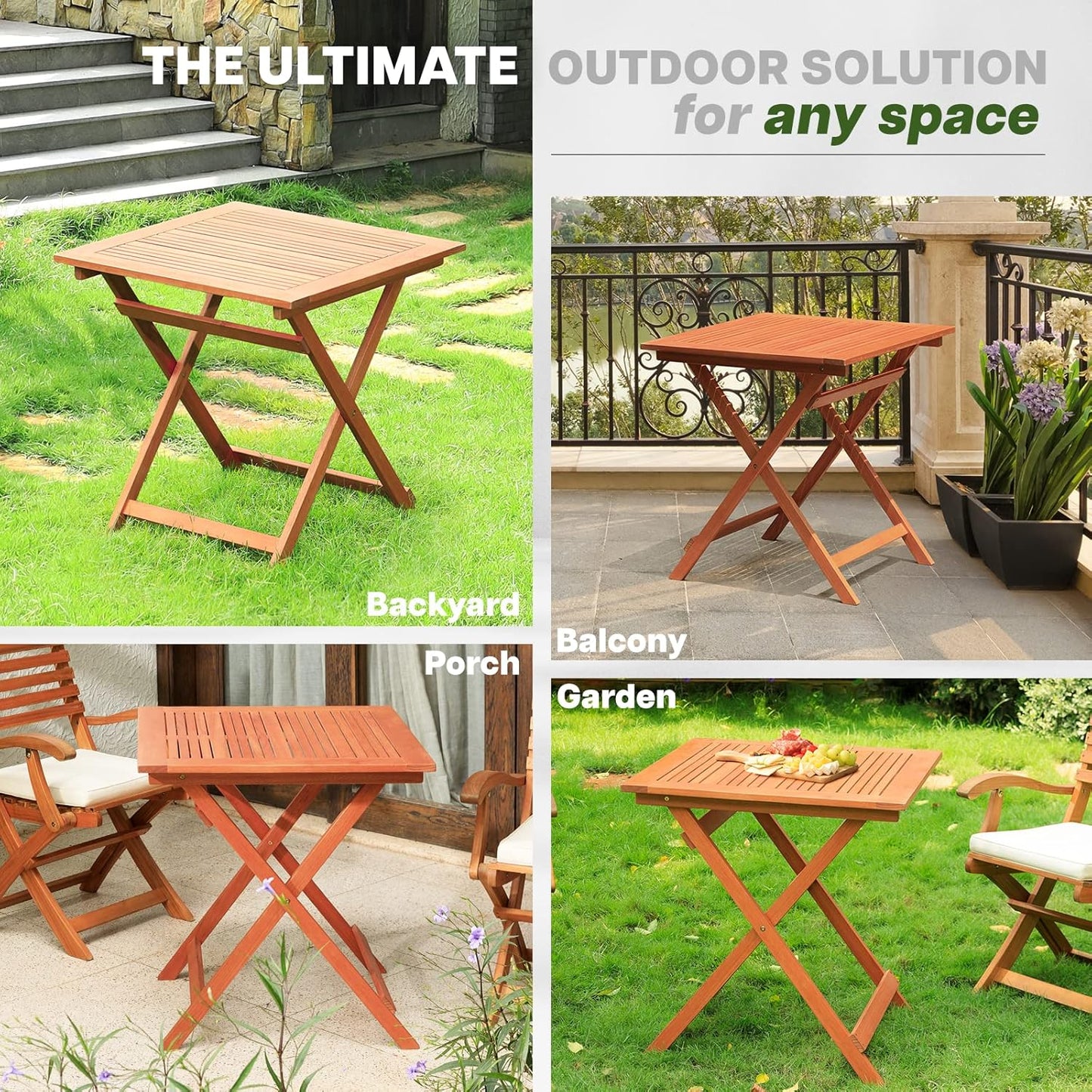 IDZO Eucalyptus Wood Patio Dining Table, 27.75 Inch x 27.75 Inch, Heavy Duty 275lbs Capacity Furniture for Garden, Patio, Balcony