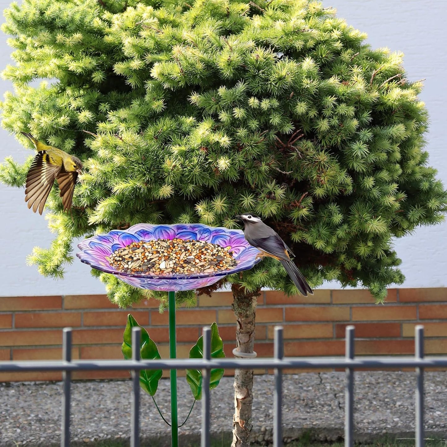 Glass Bird Baths for Outdoor, Garden Birdbath Bird Feeders Hydrangea Decor Birdfeeder with Metal Stake for Garden, Yard, Lawn, Courtyard