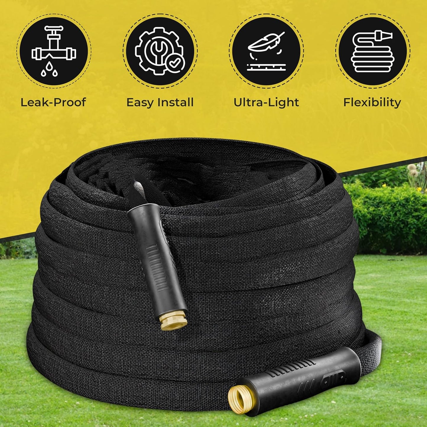 Flat Garden Hose 50FT โ Non-Expanding, No-Kink, Leak-Proof Rubber Hose with Brass Fittings & 9-Function Nozzle โ Lightweight, Flexible, Collapsible Water Hose for Garden, RV, Camper