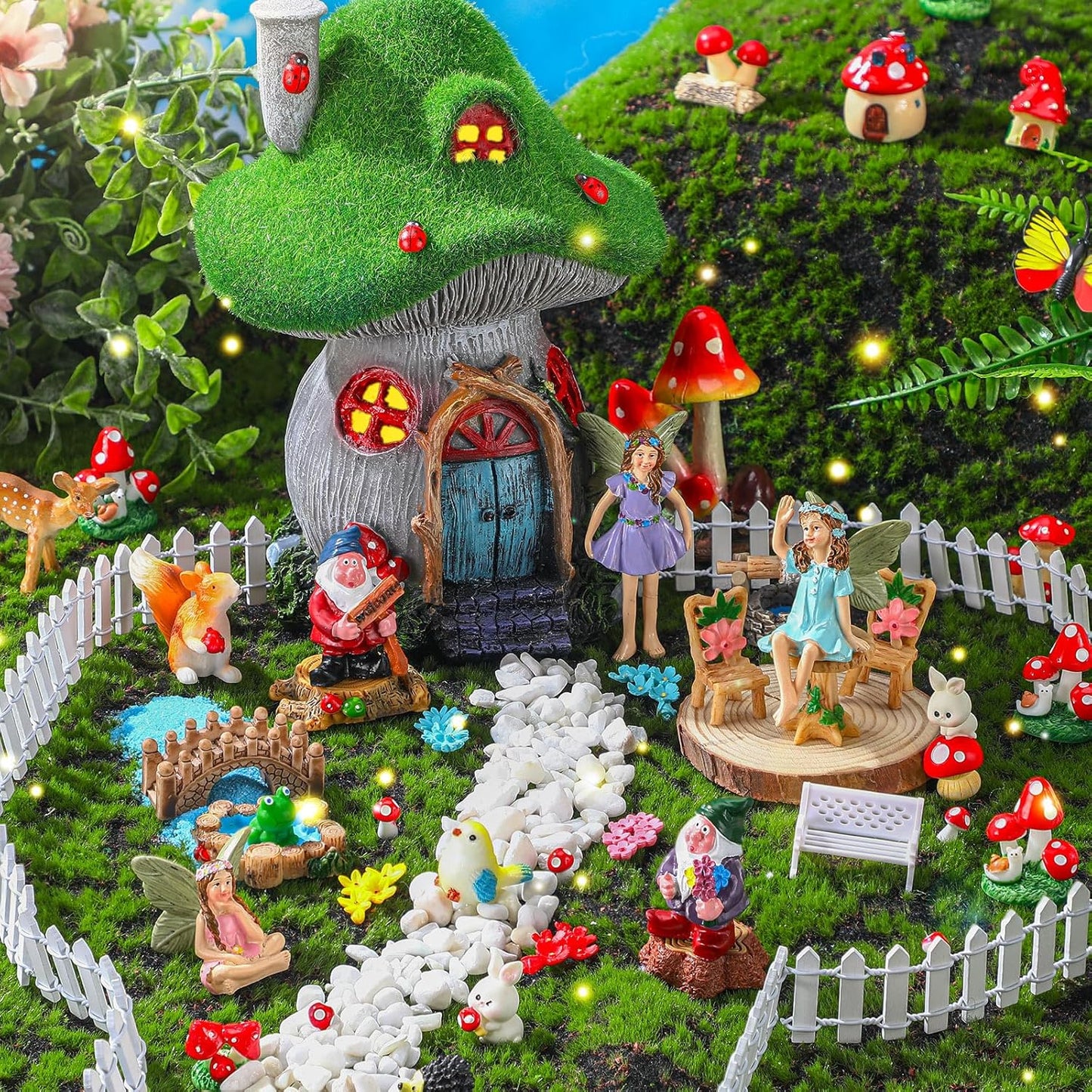 Suzile 50 Pcs Solar Fairy House Garden Accessories Light up Flocked Fairy House Garden Kit Green Resin Miniature Mushroom Figures Micro Landscape Ornament(Mushroom House)