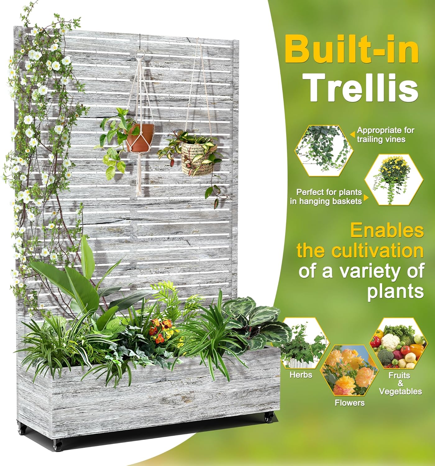 FENCY Metal Raised Garden Bed with Wheels and Trellis,73"x47"x16" Planter Box for Climbing Plants, Vegetables & Vines, Features Privacy Screen and Drainage Holes (White Wood Color)