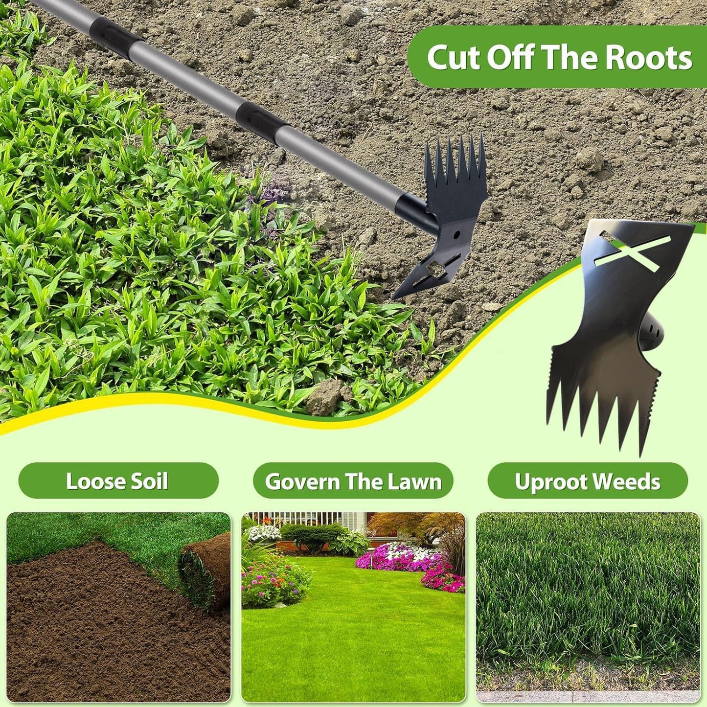 Weed Puller Tool with Long Handle, 60'' Weed Remover Weeding Tool, 2 in 1 Hand Weed Rake and Garden Hoe for Gardening, Uprooting Weeding Tool for Yard, Lawn, Patio, Garden